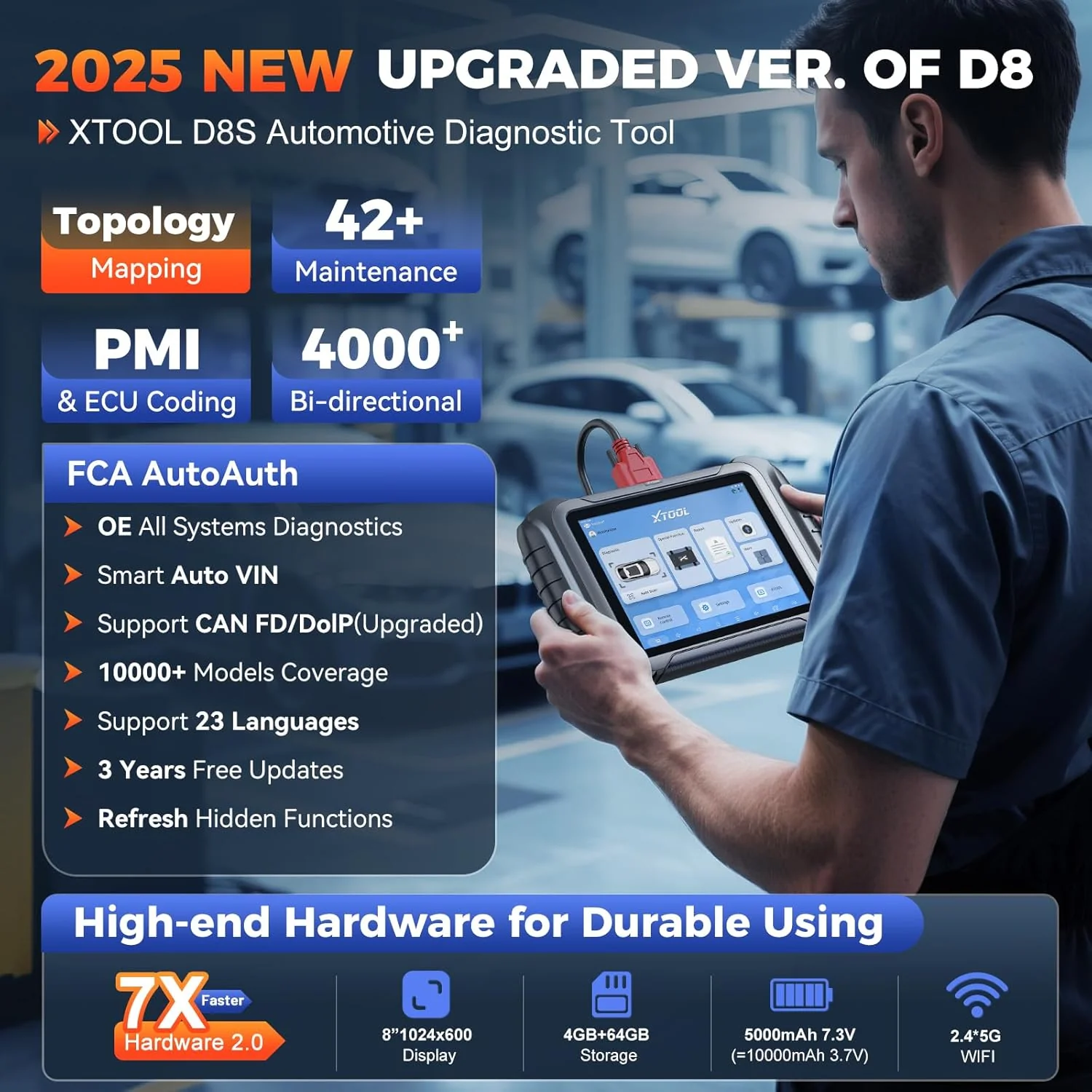 XTOOL D8S OBD2 Scanner: 2025 Upgrade of D8, Bidirectional Scan Tool with 3-Year Update, Topology Mapping, FCA AutoAuth, ECU C0ding, 42+ Resets, All Systems Car Scanner Diagnostic Tool, CANFD/DoIP