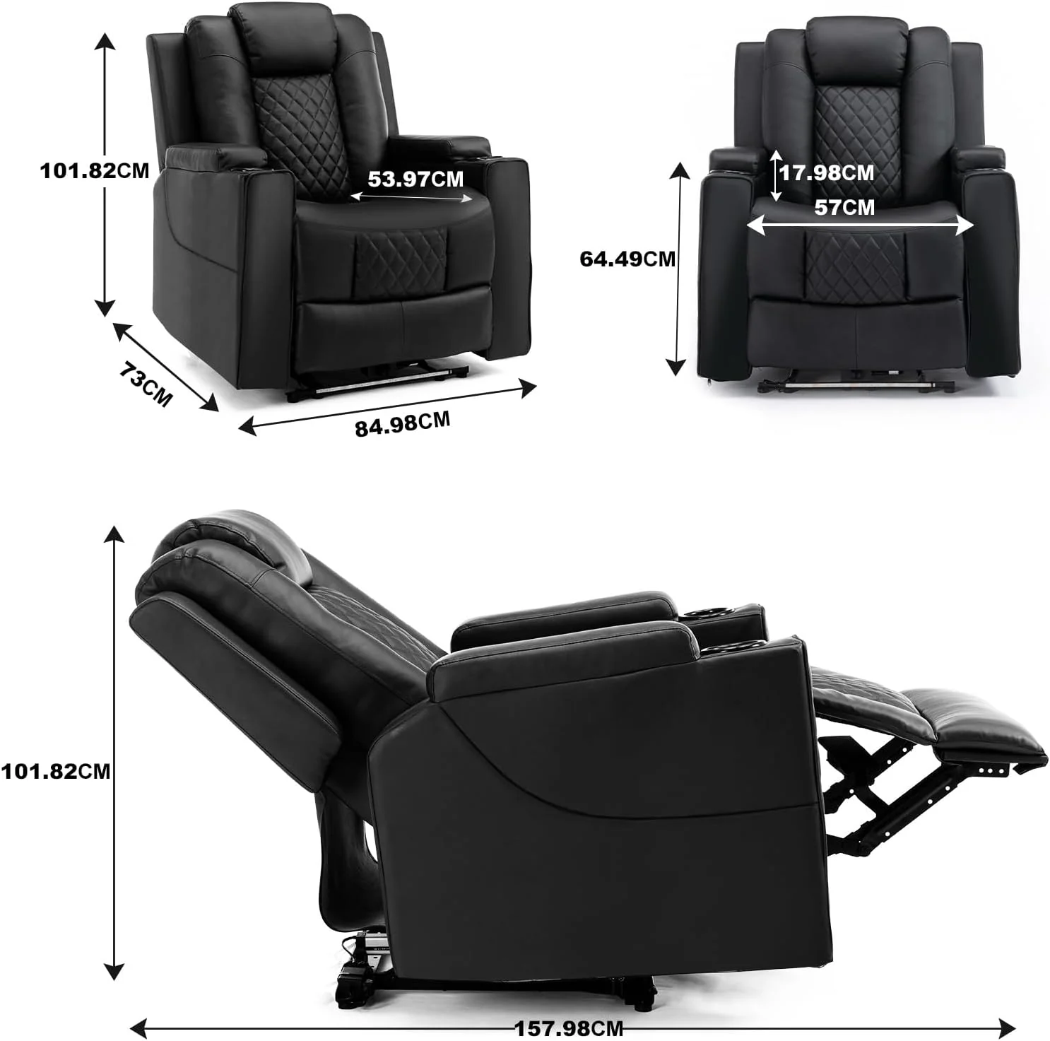 COMHOMA TV armchair, recliner with recliner, recliner with LED and recliner, adjustable 150-kilogram electric TV armchair, with massage function for living room, bedroom, home theater, black