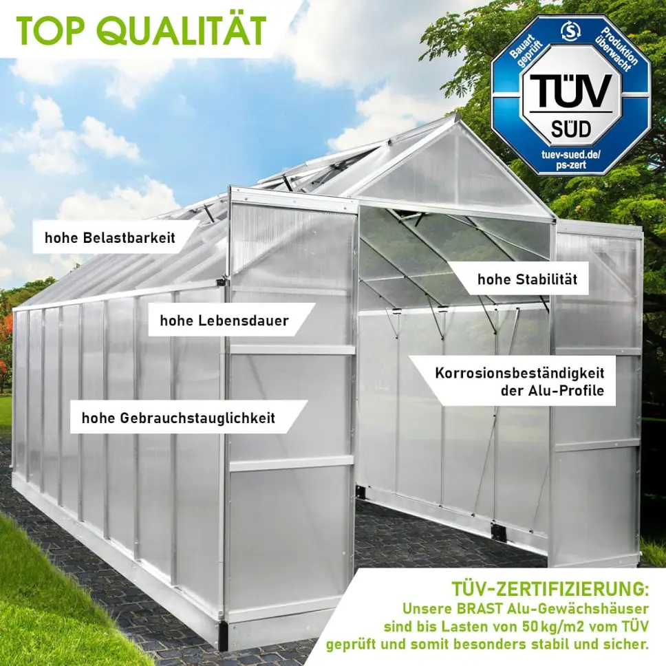 BRAST Aluminium Greenhouse with Base 490 x 250 x 235 cm, TÜV Tested, 6 mm Hollow Chamber Panels, Rustproof/Weatherproof/Temperature-Resistant