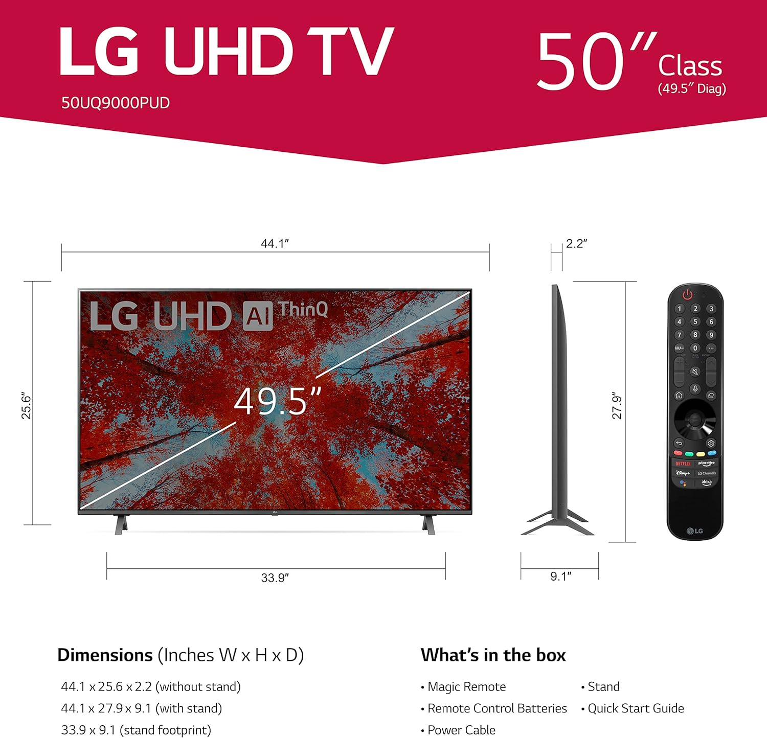 LG 50-Inch Class UQ9000 Series Alexa Built-in 4K Smart TV (3840 x 2160), 60Hz Refresh Rate, AI-Powered, Cloud Gaming (50UQ9000PUD, 2022)
