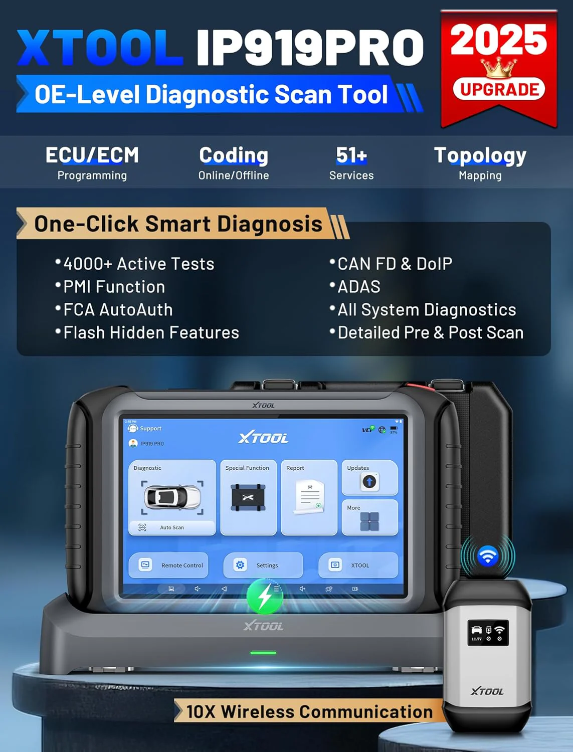 XTOOL IP919 PRO Scan Tool, ECU Pr0 gramming Car OBD2 Scanner with Topology Mapping, Upgrade of D9S PRO, 51+ Resets, ECU C 0ding, FCA/CAN FD/DoIP, Automotive Bidirectional Scan Tool with 3-Year Updates