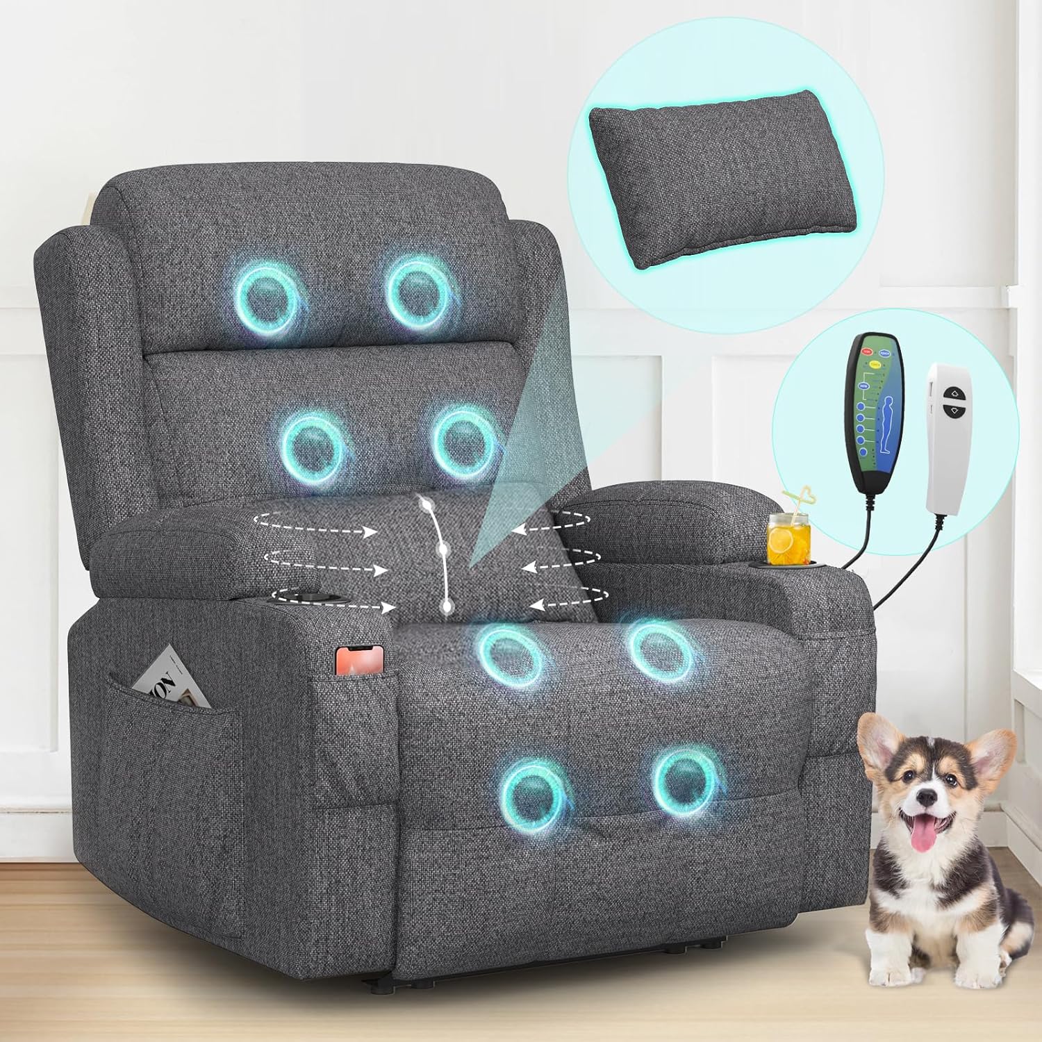 Relaxation chair, TV chair, electrically adjustable massage chair with heating function, footstool, 2 side bag drink racks, C-shaped and USB ports, living room TV chair