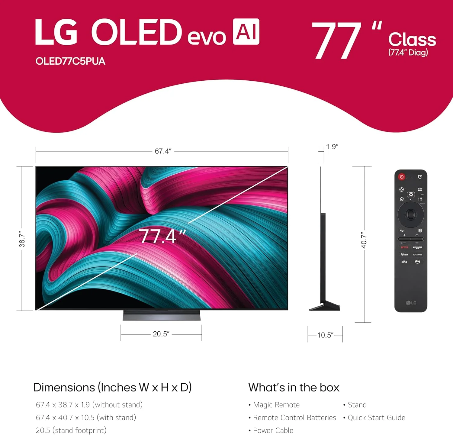 LG 77-Inch Class OLED evo AI 4K C5 Series Smart TV w/Dolby Atmos, Dolby Vision, HDR10, AI Super Upscaling 4K, Filmmaker Mode, Wow Orchestra, Alexa Built-in (OLED77C5PUA, 2025)