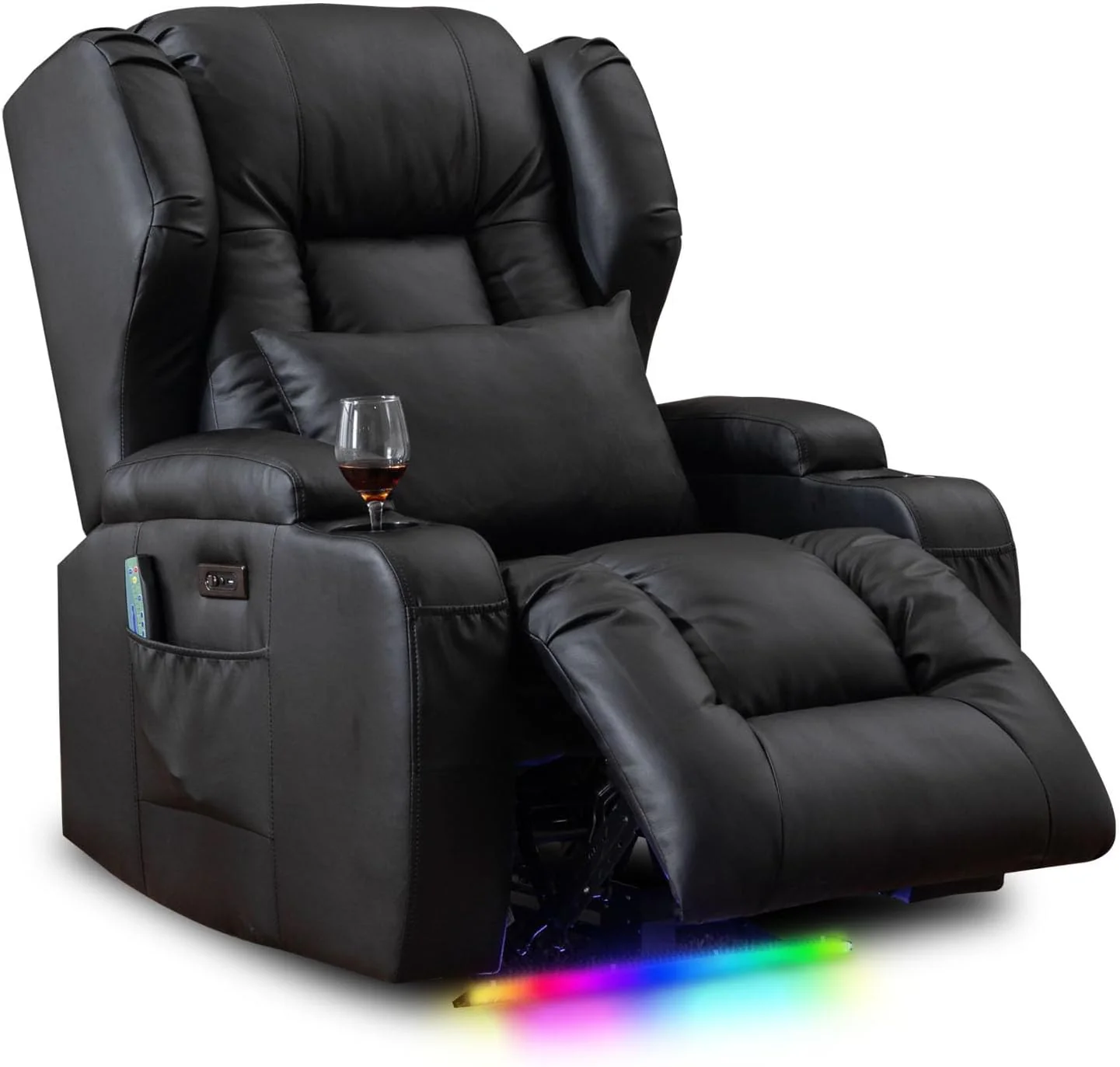 Artificial leather electrically adjustable lounge chair, movie armchair, lounge chair, massage and heating TV armchair, modern lounge chair, living room sofa, weighing 150 kilograms, black