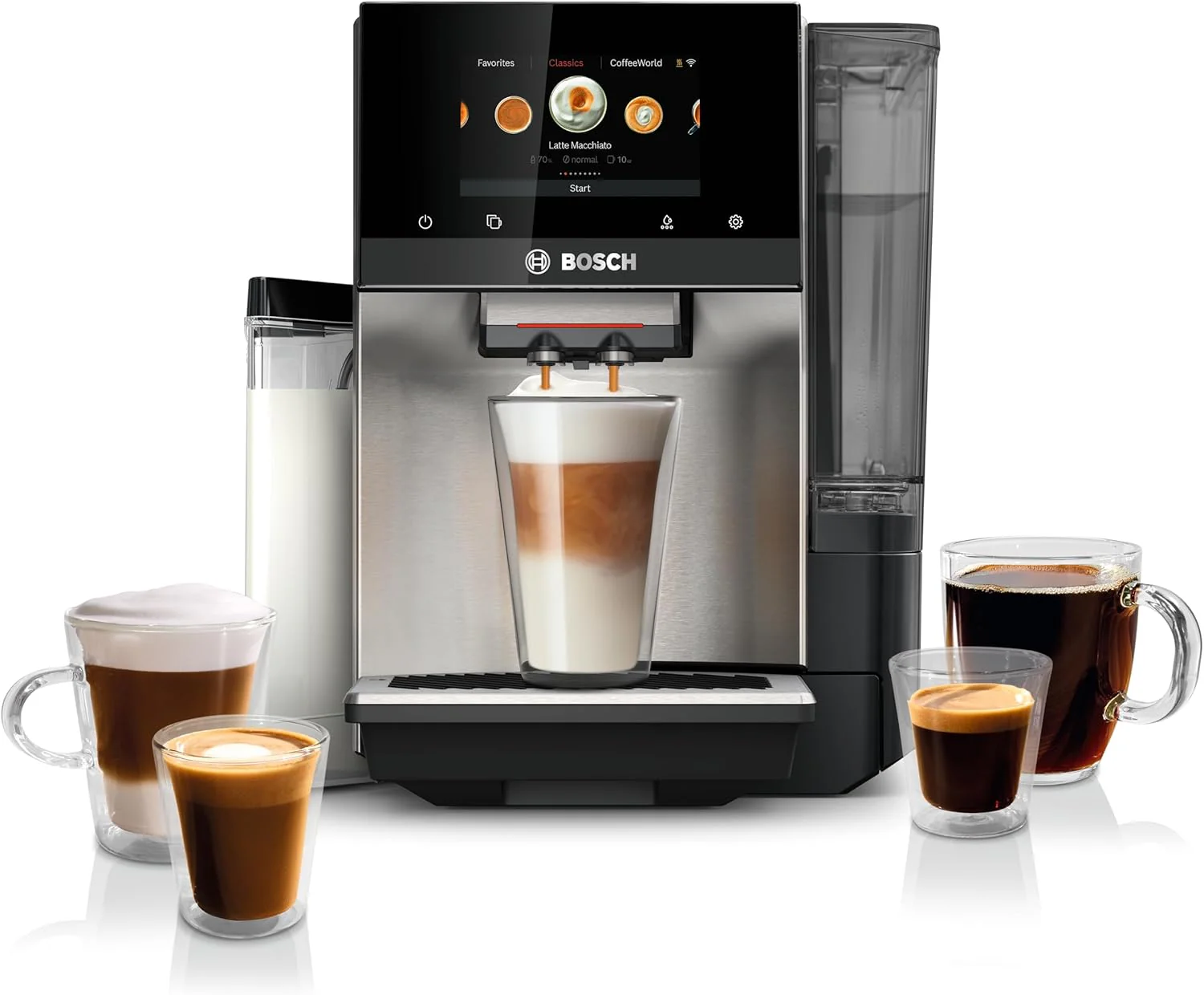 Bosch 800 Series Fully Automatic Espresso and Coffee Machine – 36 Drinks with Coffee World, Cold Brew, Double Cup, Integrated Milk Container, Smart Features, in Silver TQU60307