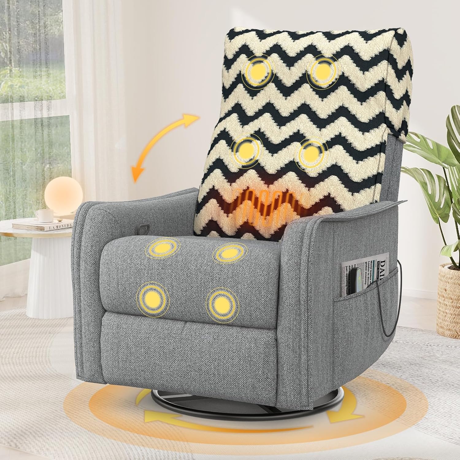 TV armchair with lounge chair, massage chair, relaxation chair with heating and massage, 360° rotating TV armchair, living room, swing chair with soft cushion headrest, 2 side pockets