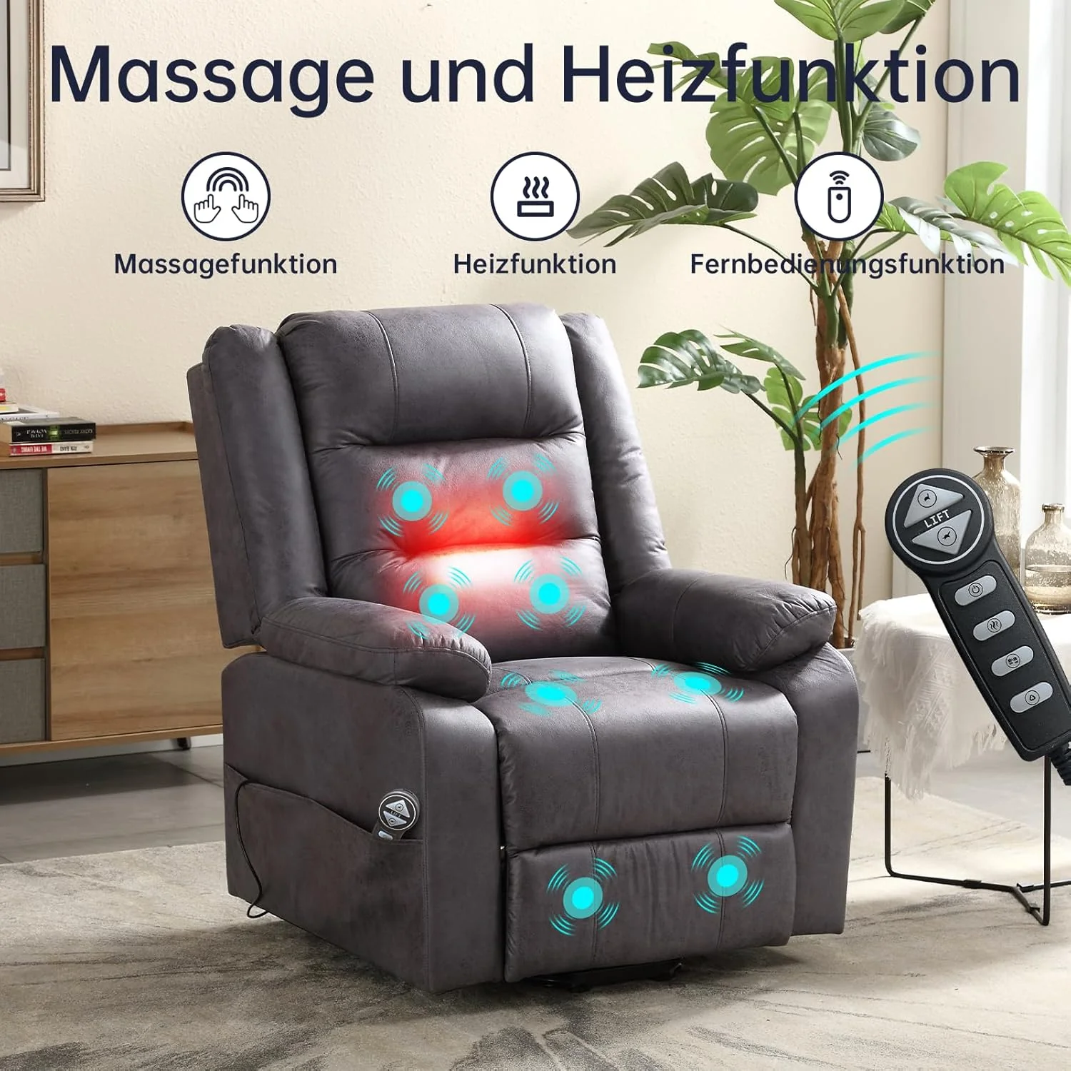 Electric TV chair with standing assistance, massage chair with heating function, adjustable remote control with lying function, sleep function and foot, weighing 220 kilograms, grey suede