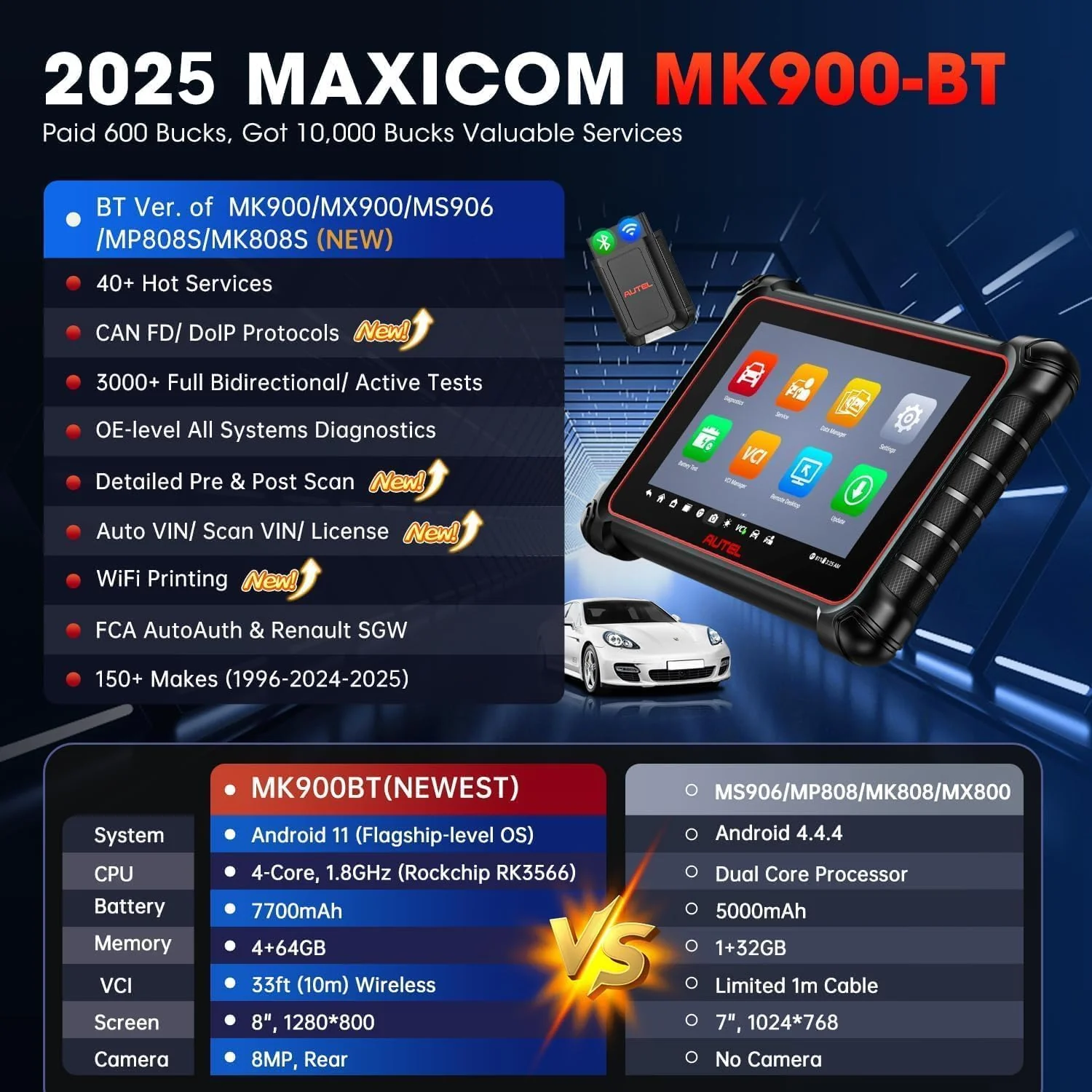 Autel Scanner MaxiCOM MK900BT, 2025 MK900-BT Bidirectional Diagnostic Scan Tool, 2.0 BT Ver. of MK900 MX900, 8in Up of MK808S MK808BT PRO MX808S MK808Z, 40+ Reset, 3K+ Active Tests, CAN FD & DoIP, FCA