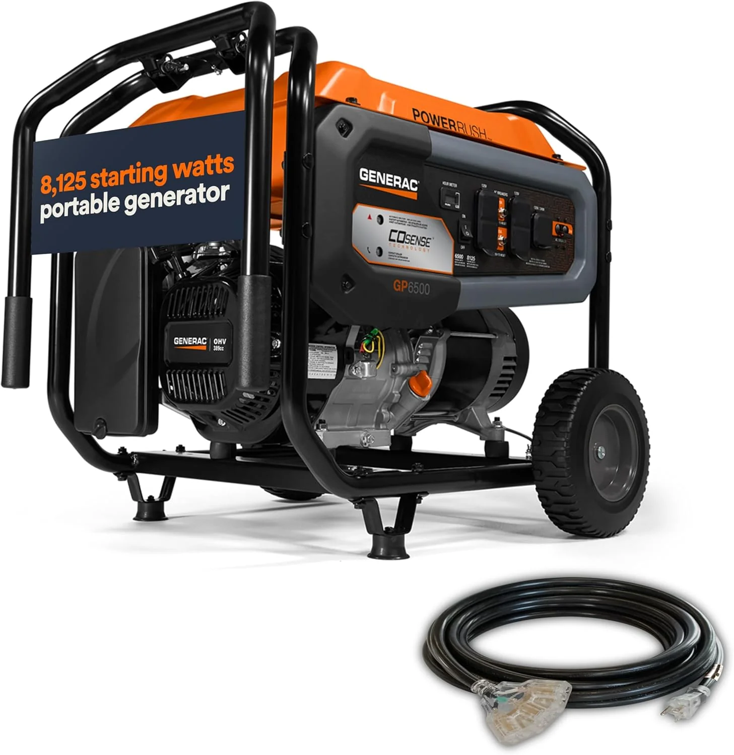Generac 8,125 Starting Watt Portable Gas Generator - Includes Extension Cord - Home or RV Ready - Quiet, Long Runtime, Emergency Power - 49-State Compliant