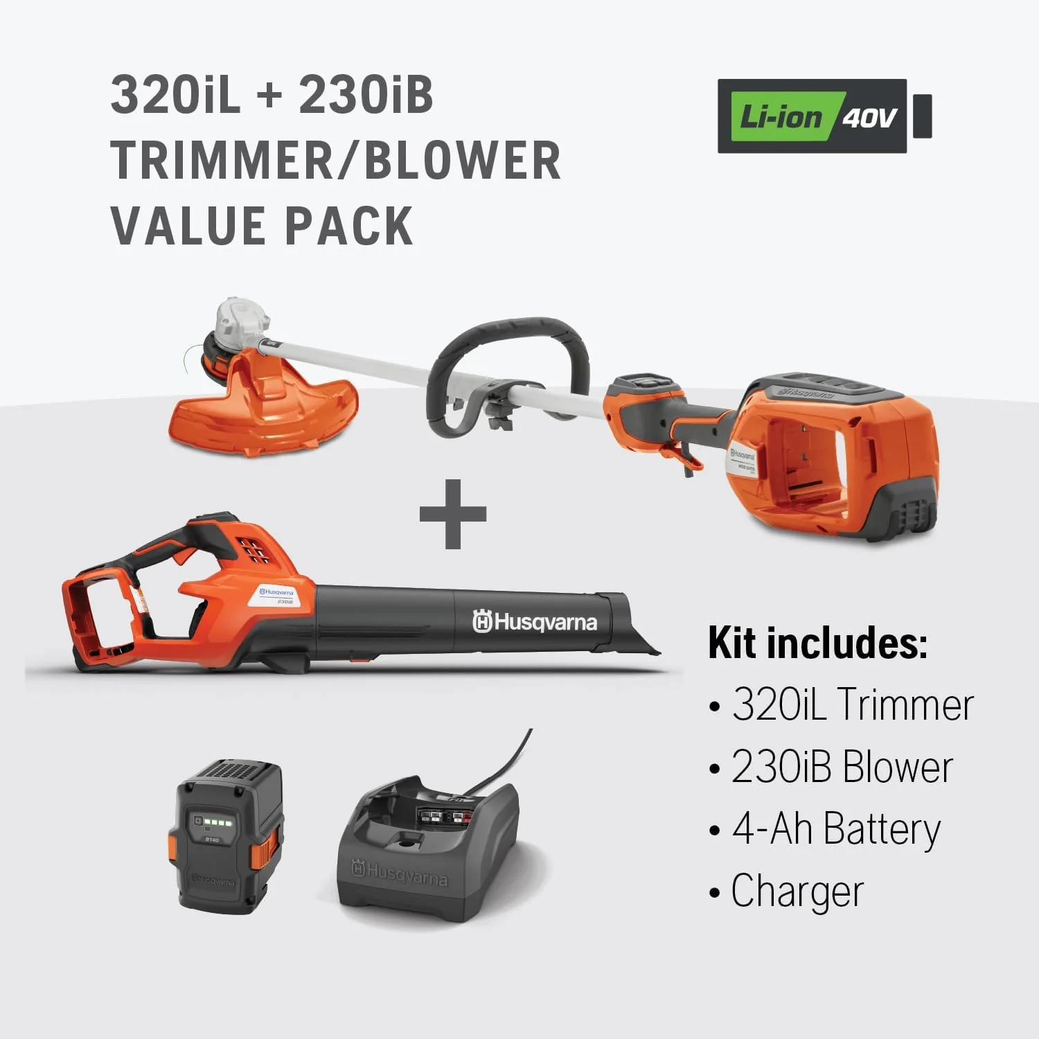 Husqvarna Weed Eater 320iL String Trimmer and 230iB Leaf Blower Bundle, Trimmer and Blower Combo with 4 Ah B140 Battery and 40-C80 Charger Included