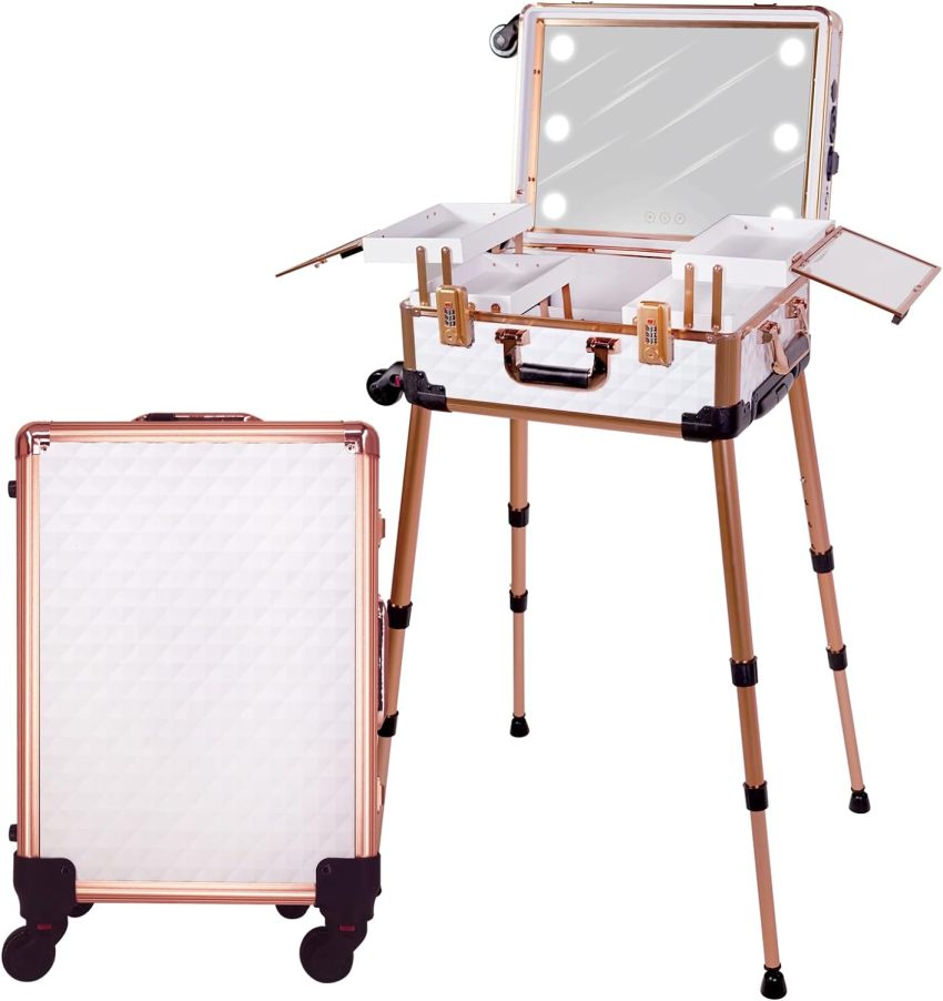 Medium Makeup Train Case with Code Lock, Lighted Mirror