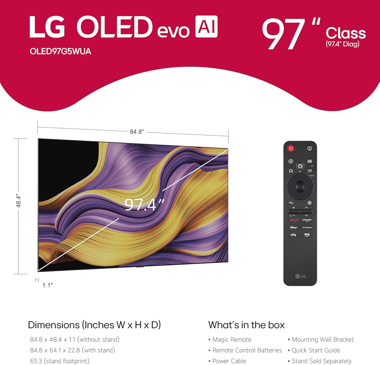 LG 97-Inch Class OLED evo AI 4K G5 Series Smart TV w/Dolby Atmos, Dolby Vision, HDR10, AI Super Upscaling 4K, Filmmaker Mode, Wow Orchestra, Alexa Built-in (OLED97G5WUA, 2025)