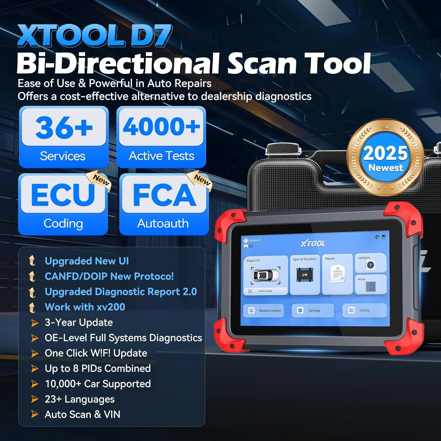 XTOOL D7 OBD2 Scanner Bidirectional Scan Tool, 2025 Scanner for Car, FCA Autoauth, CANFD/DoIP, 36+ Resets, Active Tests, All System Diagnosis, Crank Sensor Relearn, ECU C0ding, 3 Years Updates