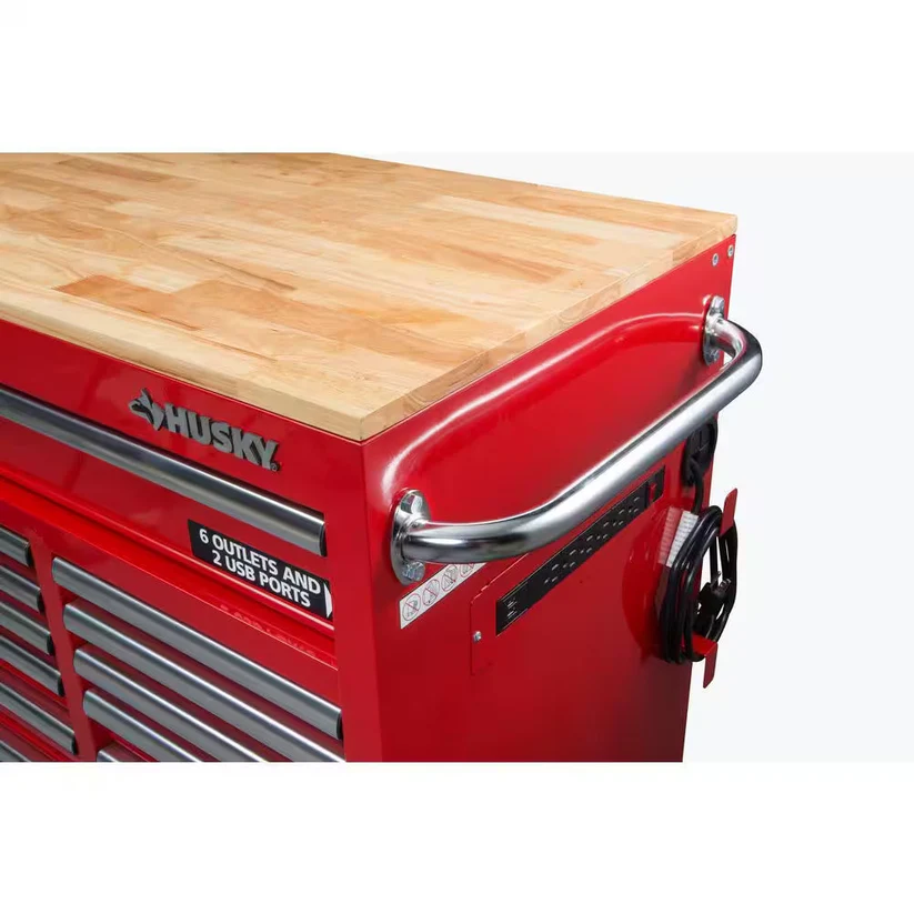 60 In. W X 22 In. D Standard Duty 12-Drawer Mobile Workbench Cabinet with Solid Wood Top in Gloss Red