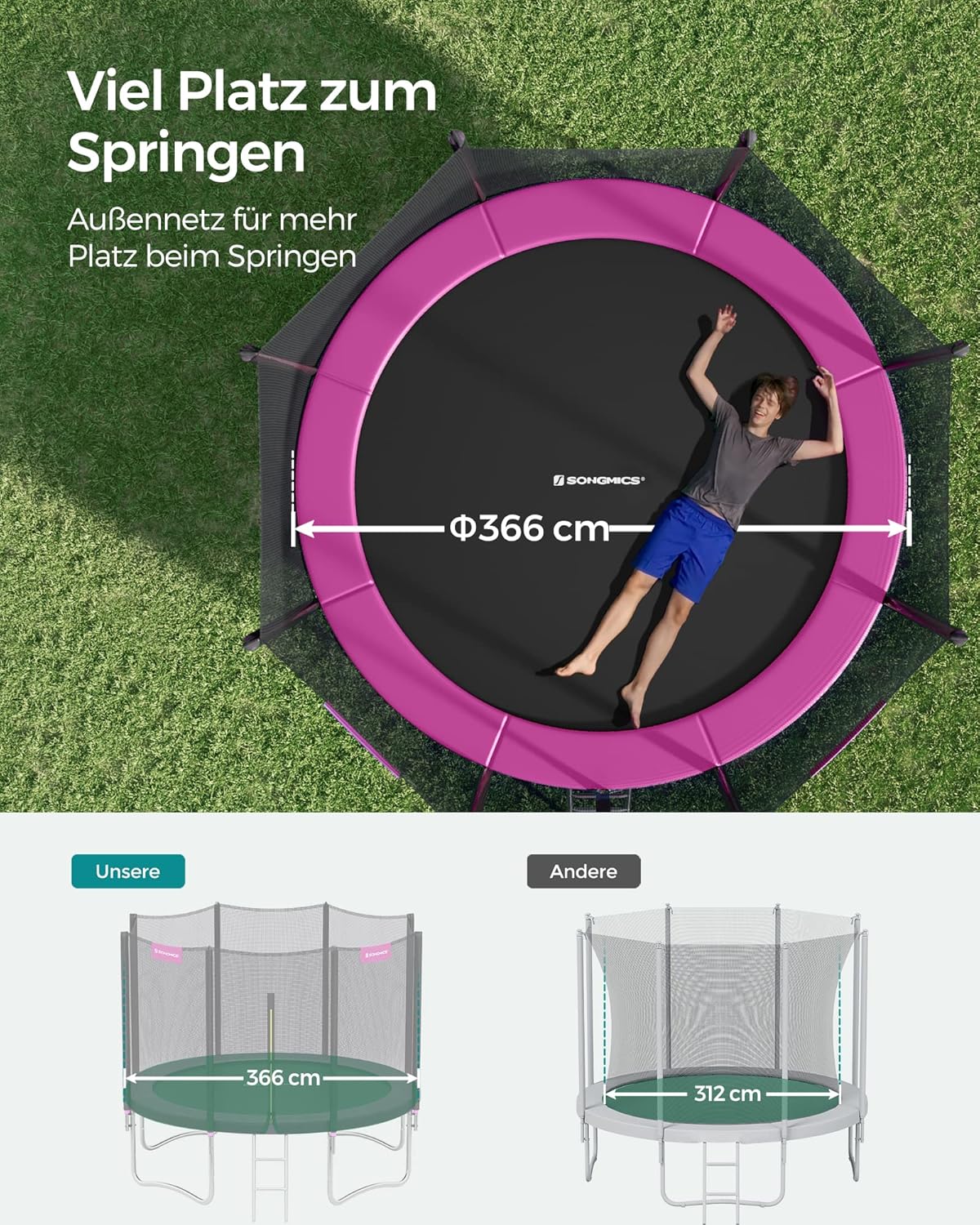 SONGMICS Trampolin Outdoor Ø 366cm, rundes Gartentrampolin mit Randabdeckung, mit Sicherheitsnetz, mit Leiter und gepolsterten Stangen