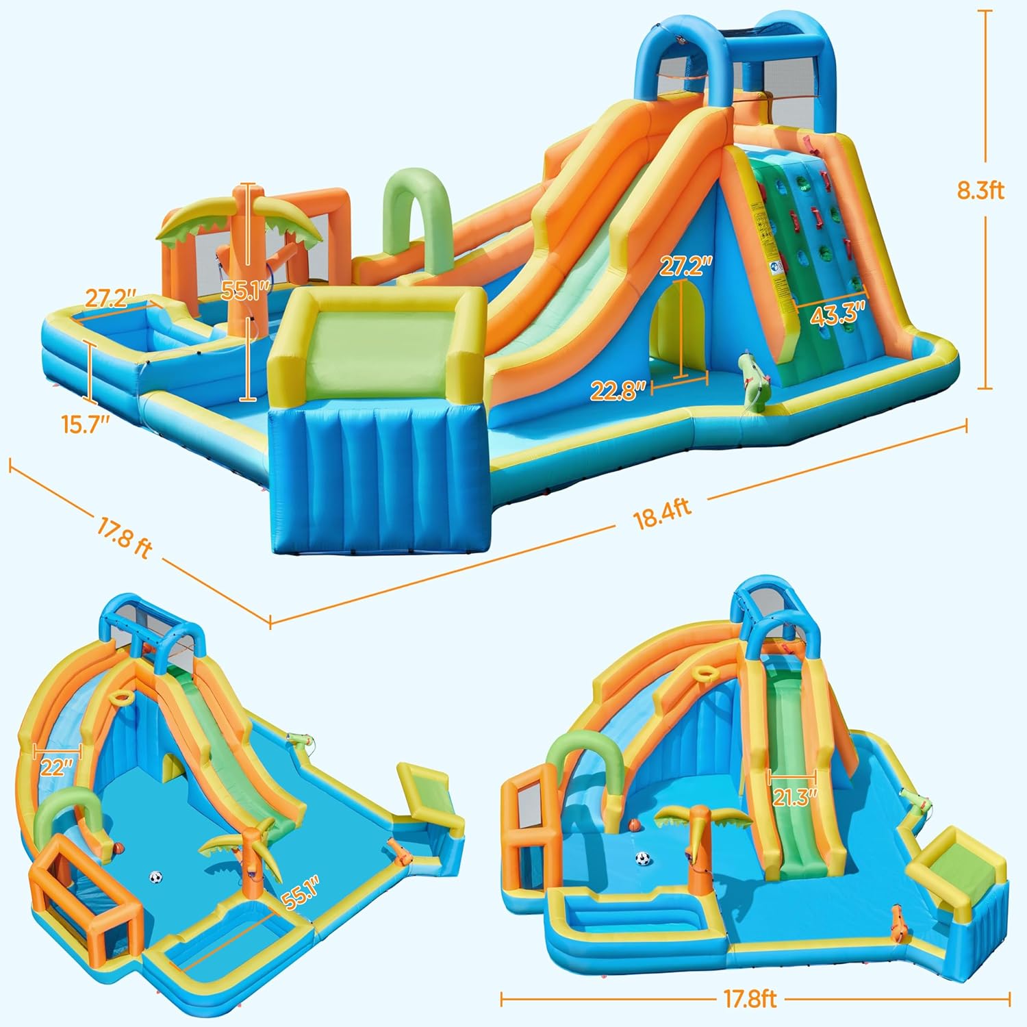 Yaheetech Inflatable Water Slide w/ 2 Long Slides & Large Climbing Wall & Small Deeper Pool & Awning, 11-in-1 Outdoor Blow Up Water Slide w/Storage Bag & 950W Blower