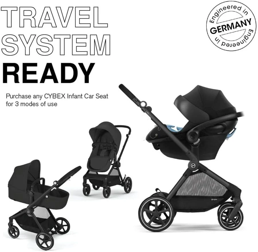 Cybex EOS 5-in-1 Travel Stroller + Aton 2 Infant Car Seat with SensorSafe & Load Leg – Converts from Carriage to Reversible Toddler Seat, Travel System Ready, Lightweight & Comfortable, Black/Black