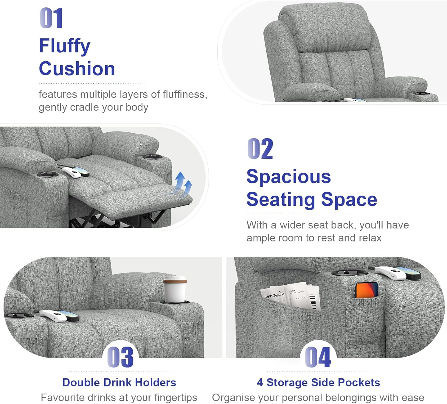 TV armchair, massage armchair, electric relaxation armchair with lounge chair function, stand up assist, massage heating, foot section, beverage rack, 4-side pocket, C-shaped and USB interface TV armchair lounge