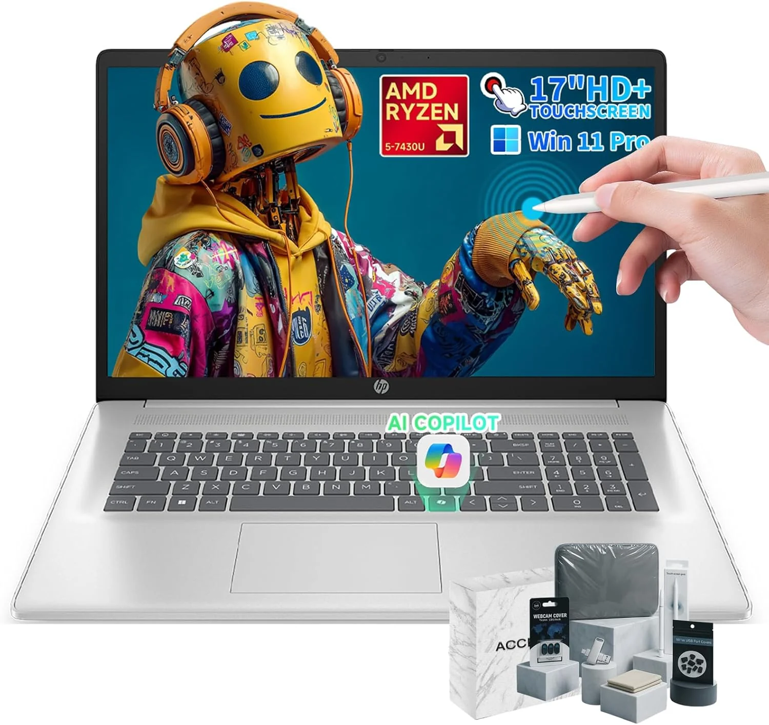 HP Premium 17 inch Touchscreen Laptop, AMD Ryzen 5 7430U, 17.3