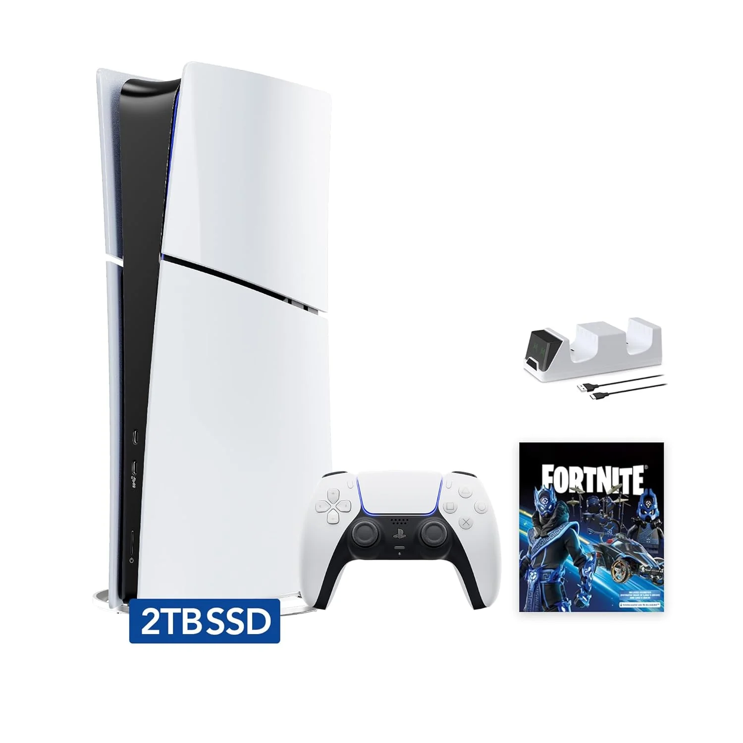 PlayStation 5 Slim Upgraded 2TB Digital Edition Fortnite Cobalt Star Bundle and Controller Charger - White, 2TB PCIe SSD Upgraded Slim PS5 Gaming Console [playstation_5] [video game] [video game] [video game]