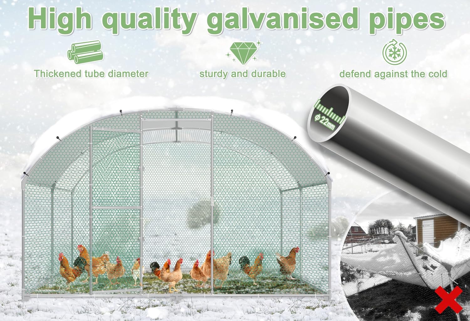 Hühnerstall 3x8m Metall Freilaufgehege Freigehege, Geflügelstall Kleintiere, Verzinkter Stahlrahmen mit PE Dach, Bogenaufsatz