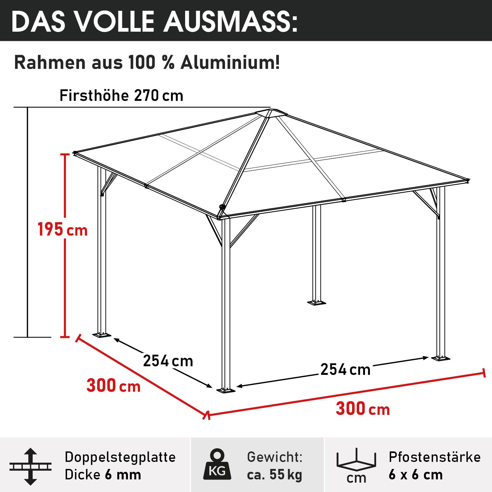 BRAST Alu Gartenpavillon SUMMERDREAM 3x3m grau