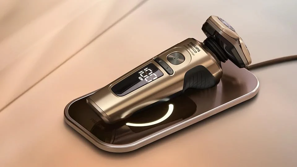 Philips Norelco S9000 Prestige Electric Shaver w/Qi Wireless Charging & Quick Clean Pod for Dry/Wet Use, SenseIQ Tech, Efficient, Fast Charge, One-Touch Open, Premium Case - Champagne Gold