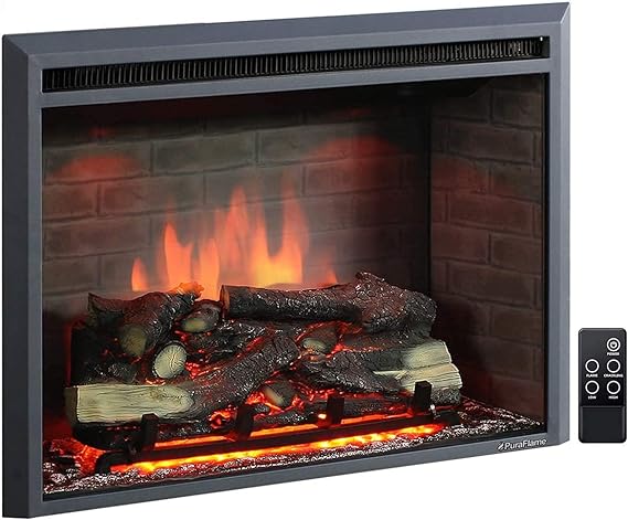 PuraFlame Western Electric Fireplace Insert with Fire Crackling Sound, Remote Control, 750/1500W, Black, 22 53/64 Inches Wide, 20 3/64 Inches High