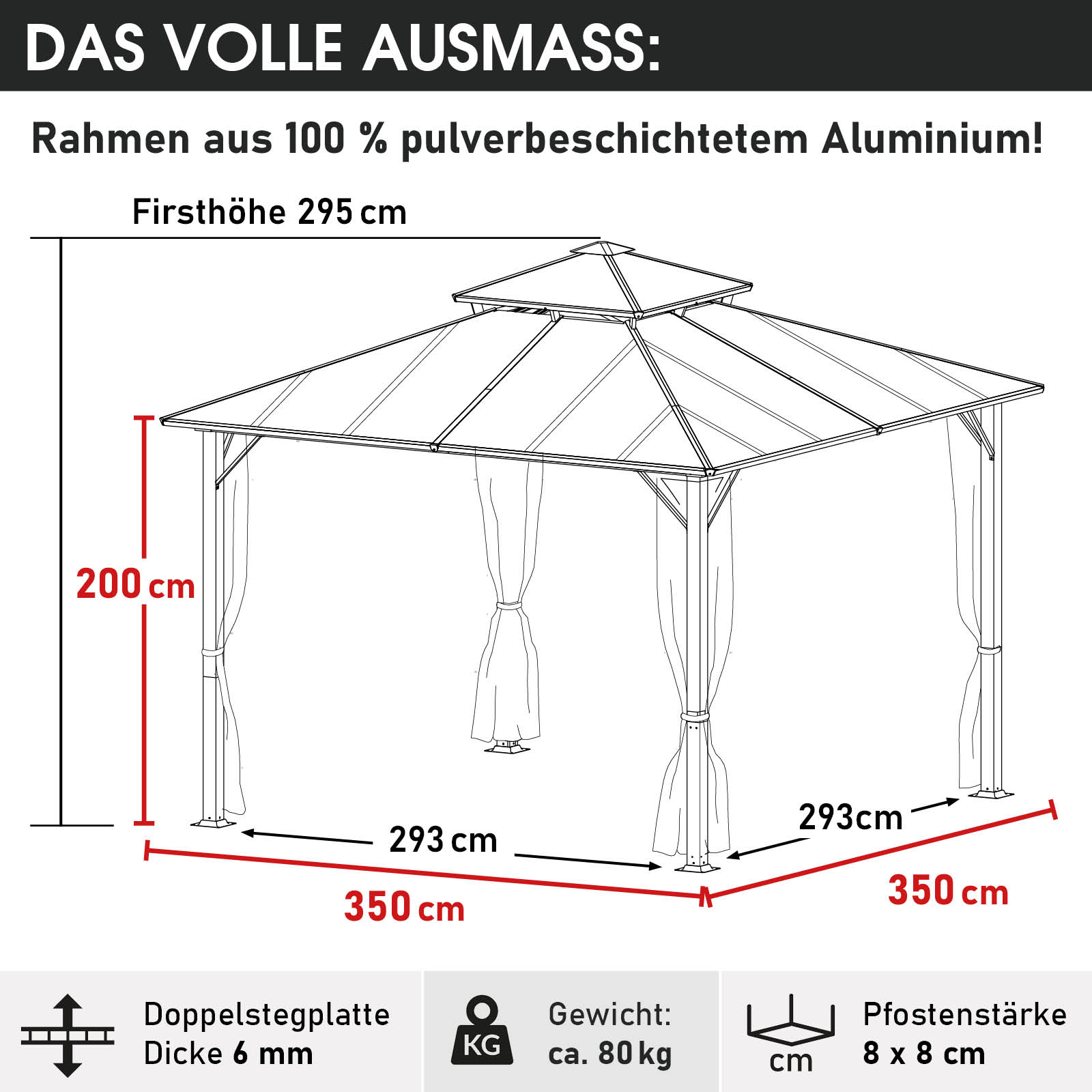 BRAST Alu Pavillon PAGODE 3,5x3,5m dunkelgrau mit Moskitonetz