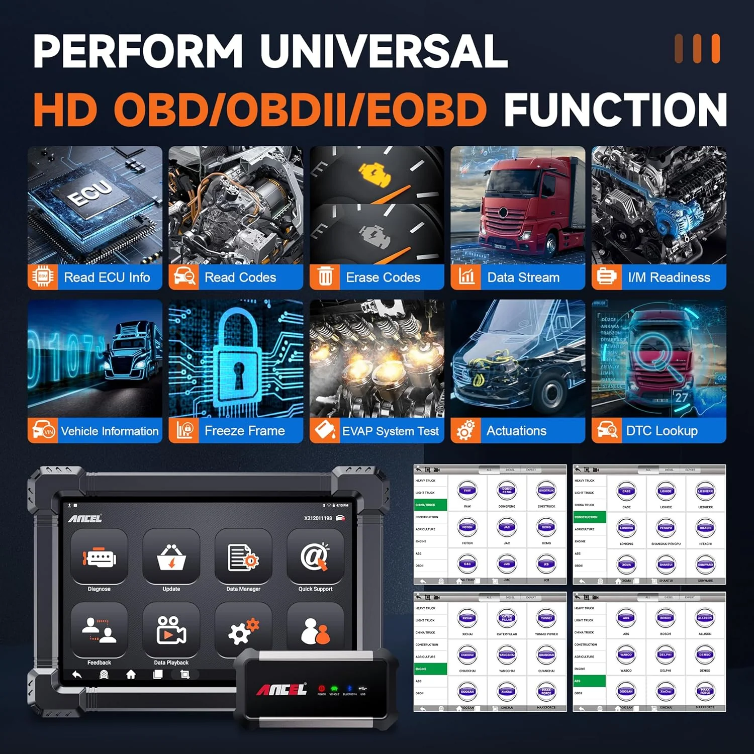 ANCEL X7HD 10'' Heavy Duty Truck Scanner, Semi Trucks Full System Diagnostic Tool, Bidirectional Diesel Scan Tool with DPF, ECU Coding, 40+ Reset for Cummins, Detroit, Caterpillar, Volvo, Paccar etc