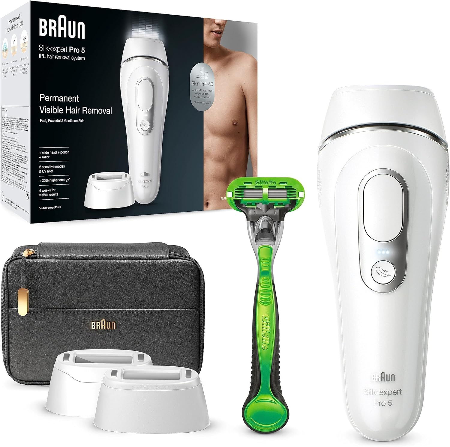 Braun IPL Silk-Expert Pro 5 Hair Removal Device for Permanently Visible Hair Removal, Venus Razor & Bag, Alternative to Laser Hair Removal