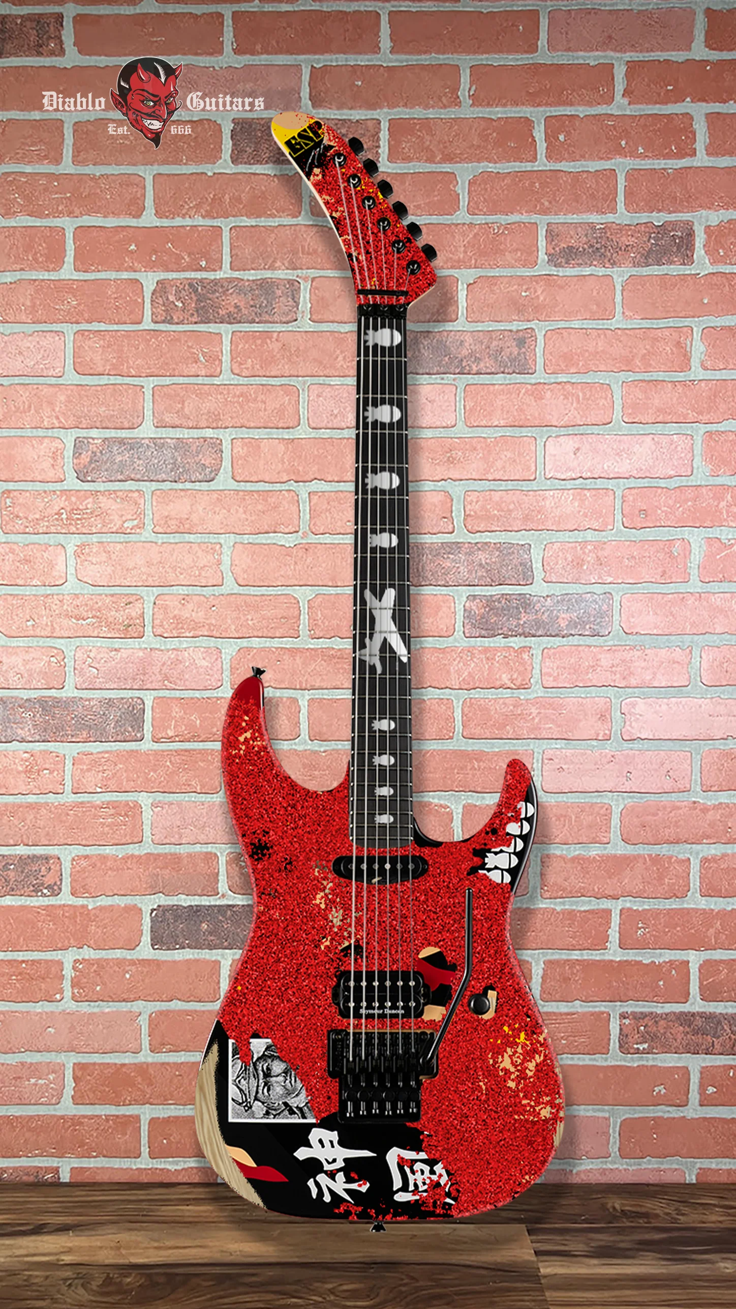 (Pre-Order) ESP Custom Shop George Lynch - Red Sparkle Painted Over Kamikaze-I Graphic Distressed With Matching Headstock