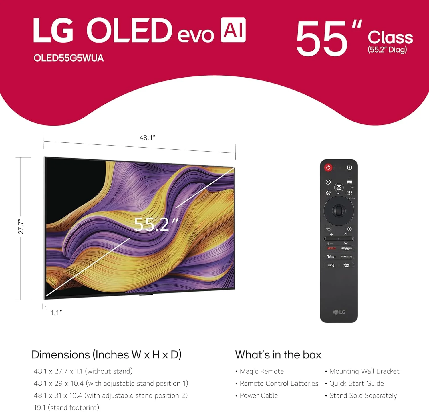 LG 55-Inch Class OLED evo AI 4K G5 Series Smart TV w/Dolby Atmos, Dolby Vision, HDR10, AI Super Upscaling 4K, Filmmaker Mode, Wow Orchestra, Alexa Built-in (OLED55G5WUA, 2025)