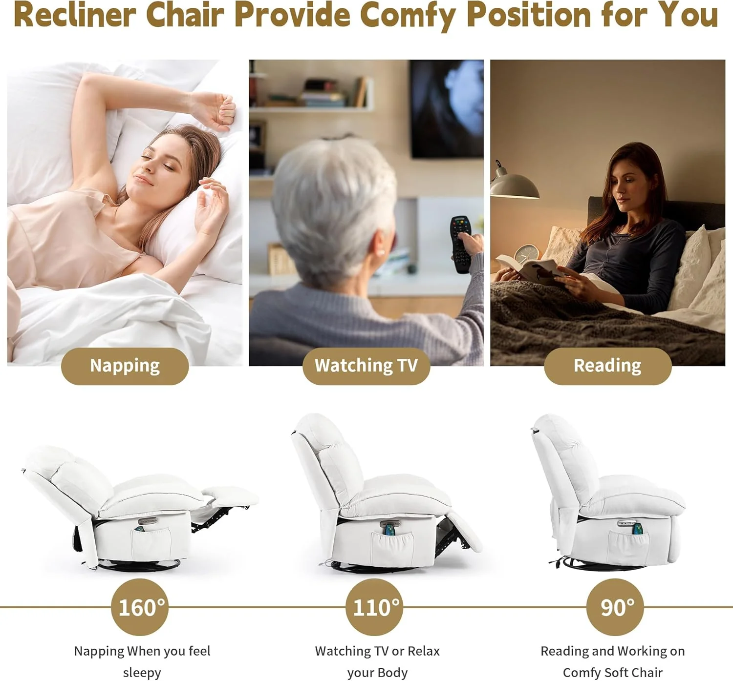 Electric, massage chair with charging and heating connection, TV chair, electrically adjustable living room, backrest and leg stool can be adjusted separately (white)