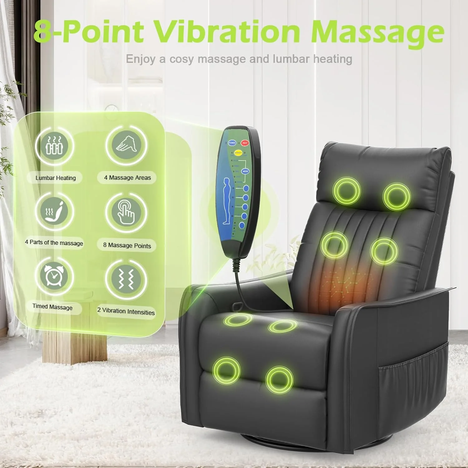 TV armchair with lounge chair, massage chair, relaxation chair with heating and massage, 360° rotating TV armchair, living room, swing chair with soft cushion headrest, 2 side pockets