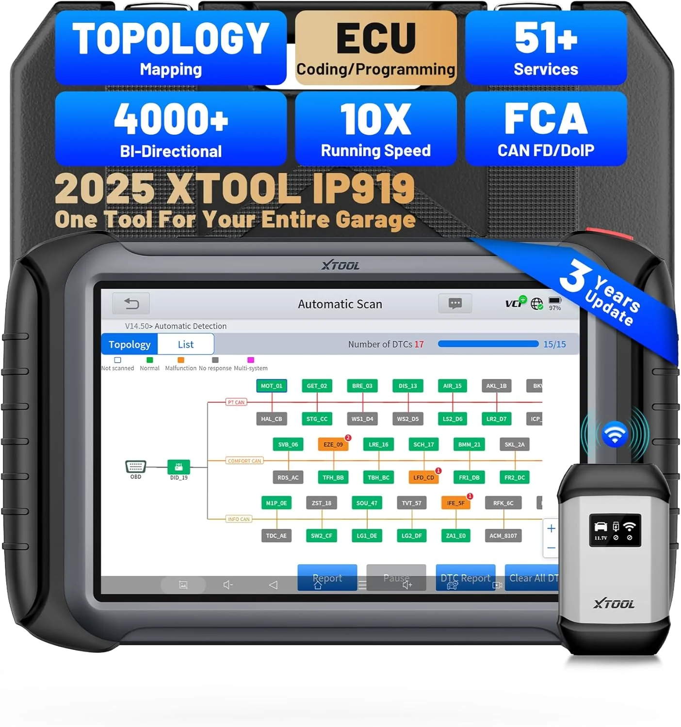 XTOOL InPlus IP919 Diagnostic Scanner for Car, Bidirectional Scan Tool with Topology Map, ECU C 0ding & Pr0 gramming, 51+ Resets, All System OBD2 Scanner Diagnostic Tool with 3-Year Free Update