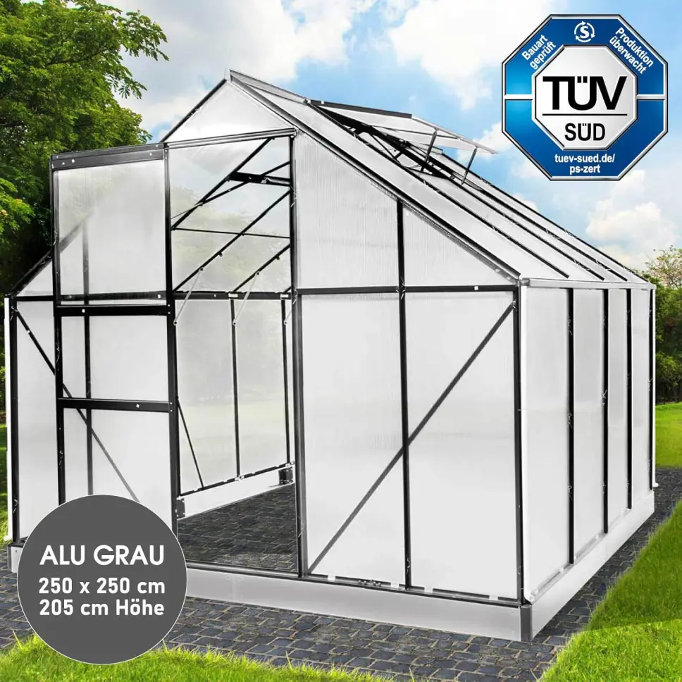 BRAST Aluminium Greenhouse with Base, 250 x 250 x 205 cm, TÜV Tested, 6 mm Hollow Chamber Panels Rustproof, Weatherproof, Temperature-Resistant