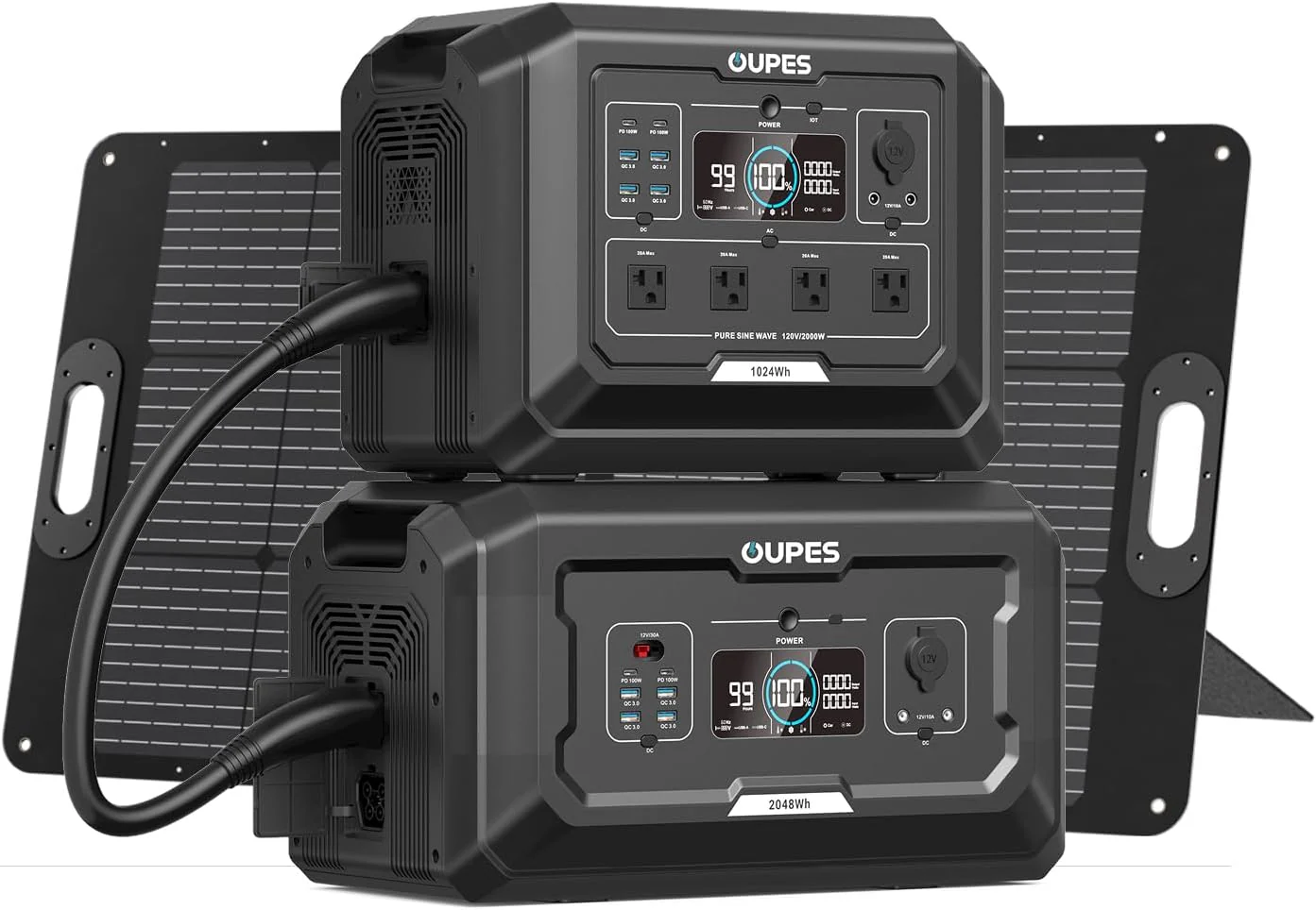 OUPES Mega 1 Solar Generator with Panels Included, 2000W Power Station + 100W Panel, 1024Wh LiFePO4 Battery, Expandable to 5120Wh, APP Control,