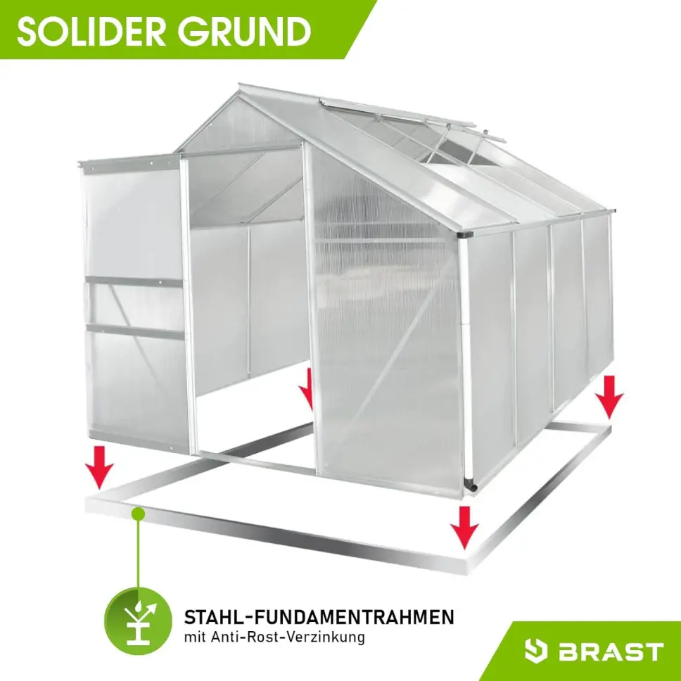 BRAST Aluminium Greenhouse with Base, 250 x 250 x 205 cm, TÜV Tested, 6 mm Hollow Chamber Panels Rustproof, Weatherproof, Temperature-Resistant