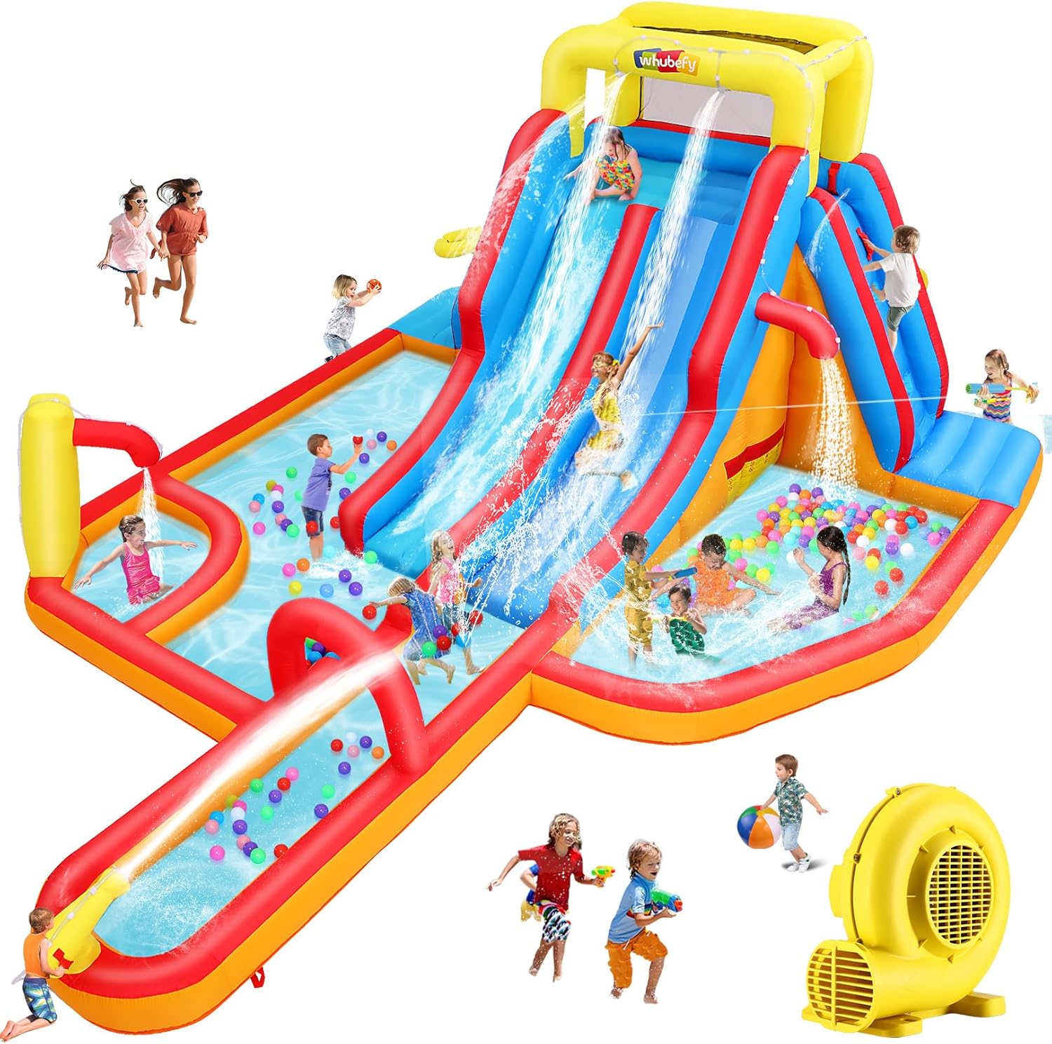 Whubefy Extra Large Inflatable Water Slide, 18X14X7 Ft Bounce House for 5-12 Summer Fun, 840D+420D Oxford Fabric, Long Slide/Splash Pool/680W Blower/10 Accessories, Suitable for 10 Kids, Outdoor