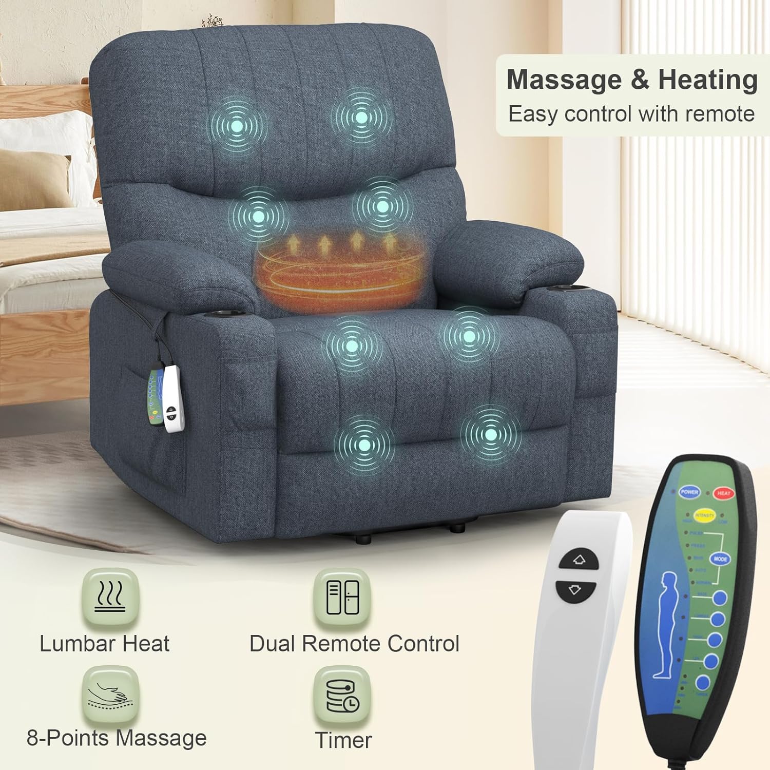 TV Armchair, relaxation armchair, Massage armchair Set 2, with heating function, standing assist, electrically adjustable relaxation armchair, TV armchair, with USB and C-shaped cup holder and bag