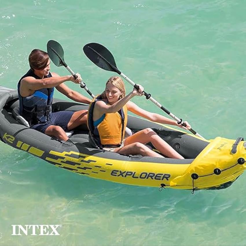 Intex 68307EP Explorer K2 Inflatable Kayak Set: Includes Deluxe 86in Aluminum Oars and High-Output Pump – SuperStrong PVC – Adjustable Seats with Backrest – 2-Person – 400lb Weight Capacity
