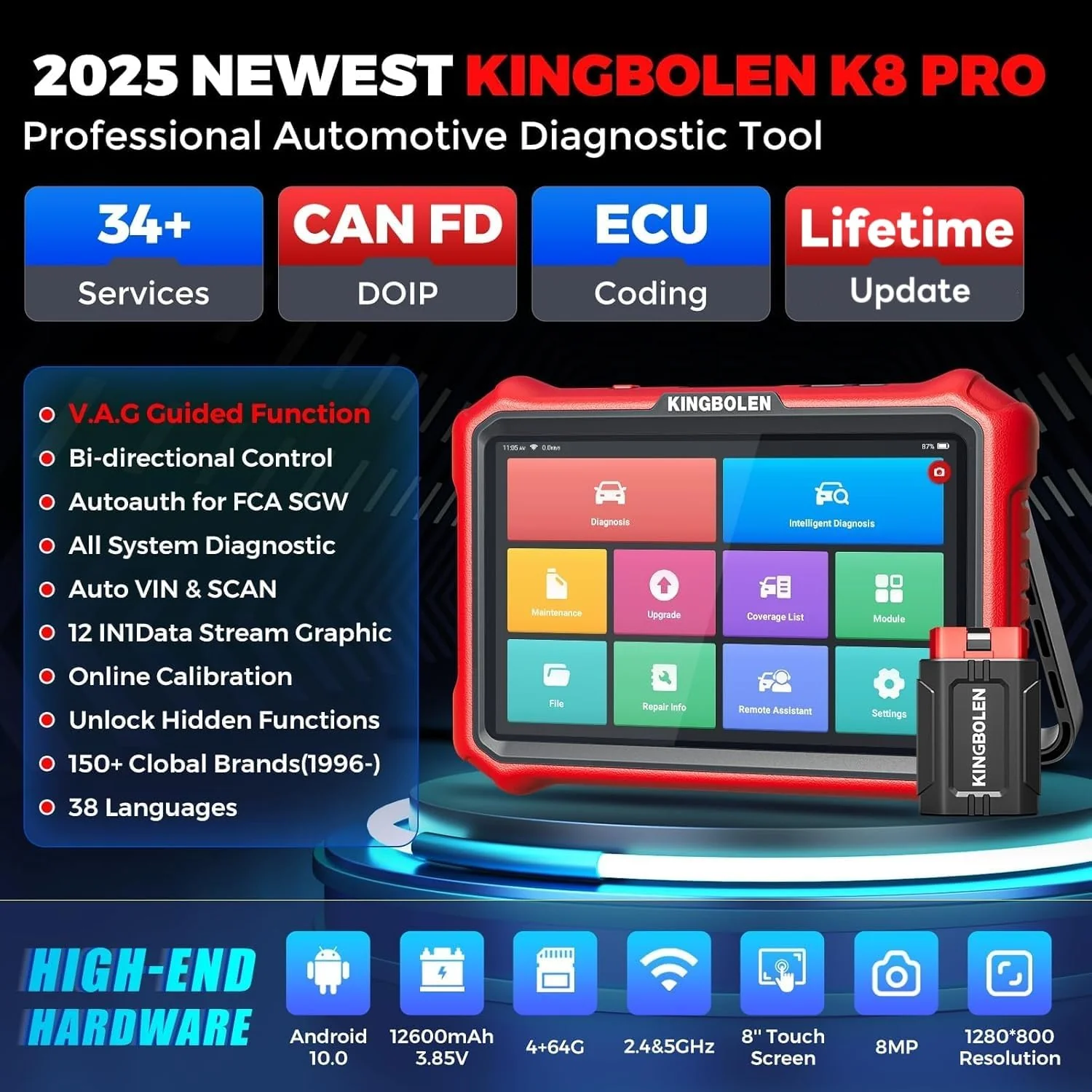 KINGBOLEN K8 Pro OBD2 Scanner Bluetooth 2025 Bidirectional Scan Tool with Lifetime Update(New Model) 8'' All System Diagnostic Tool, ECU Code, 34+ Reset, CANFD&DOIP, V.A.G Guide, FCA AutoAuth