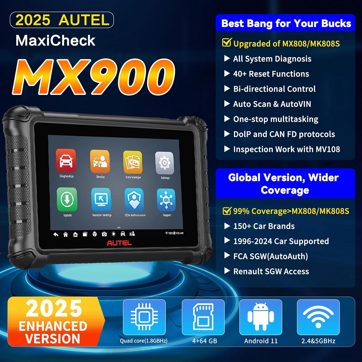 Autel MaxiCheck MX900 OBD2 Scanner, Same as MaxiCOM MK900 MK900BT, Upgrade of MK808 MX808, All System Diagnostic Scan Tool for Cars, 40+ Services, 3000+ Active Tests, CAN FD/DoIP, FCA
