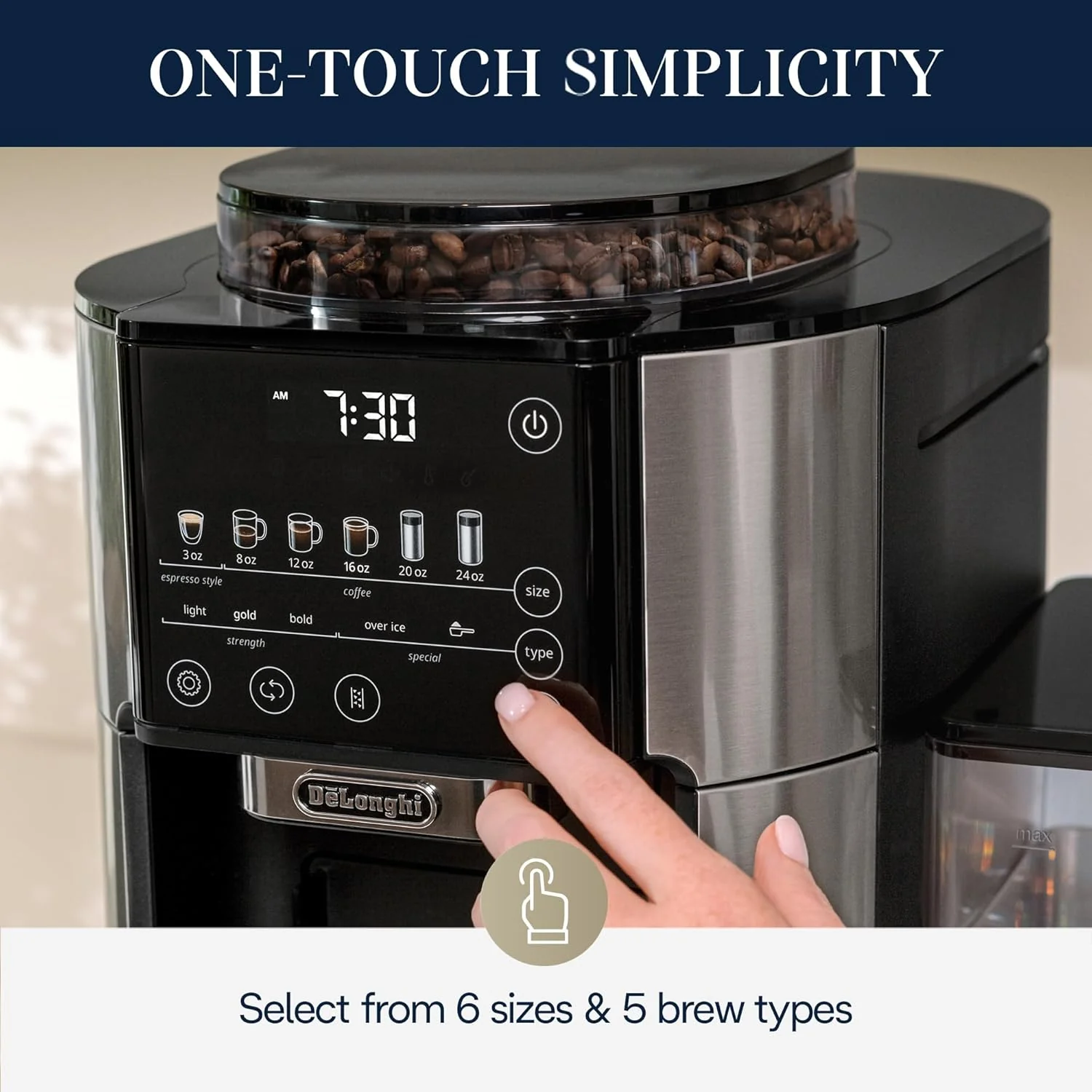 De'Longhi True Brew Drip Coffee Maker, Built in Grinder, Single Serve, 8 oz to 24 oz, Hot or Iced Coffee, Stainless, CAM51025MB