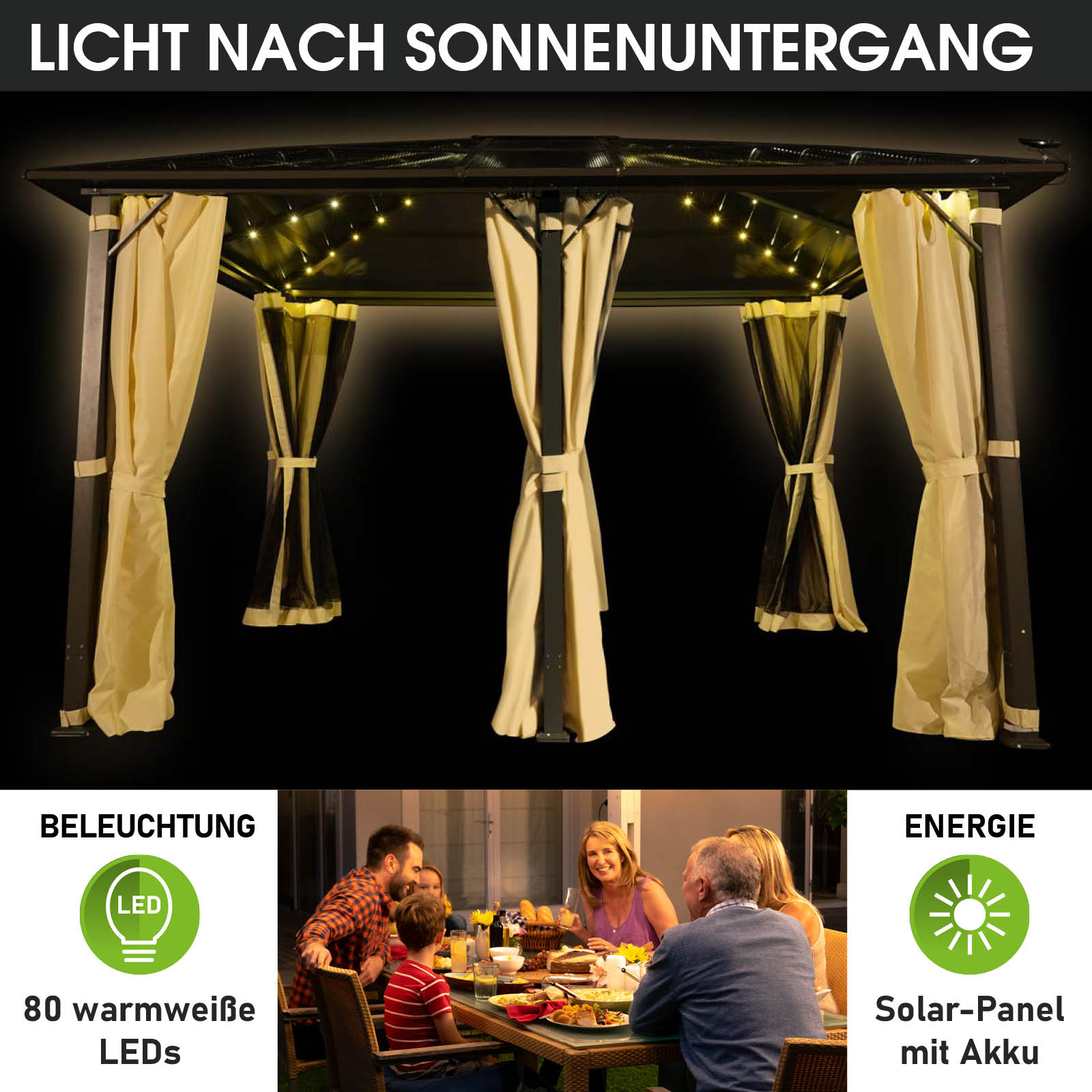 BRAST Alu-Pavillon PREMIUM 3,6x4,8m beige inkl. LEDs