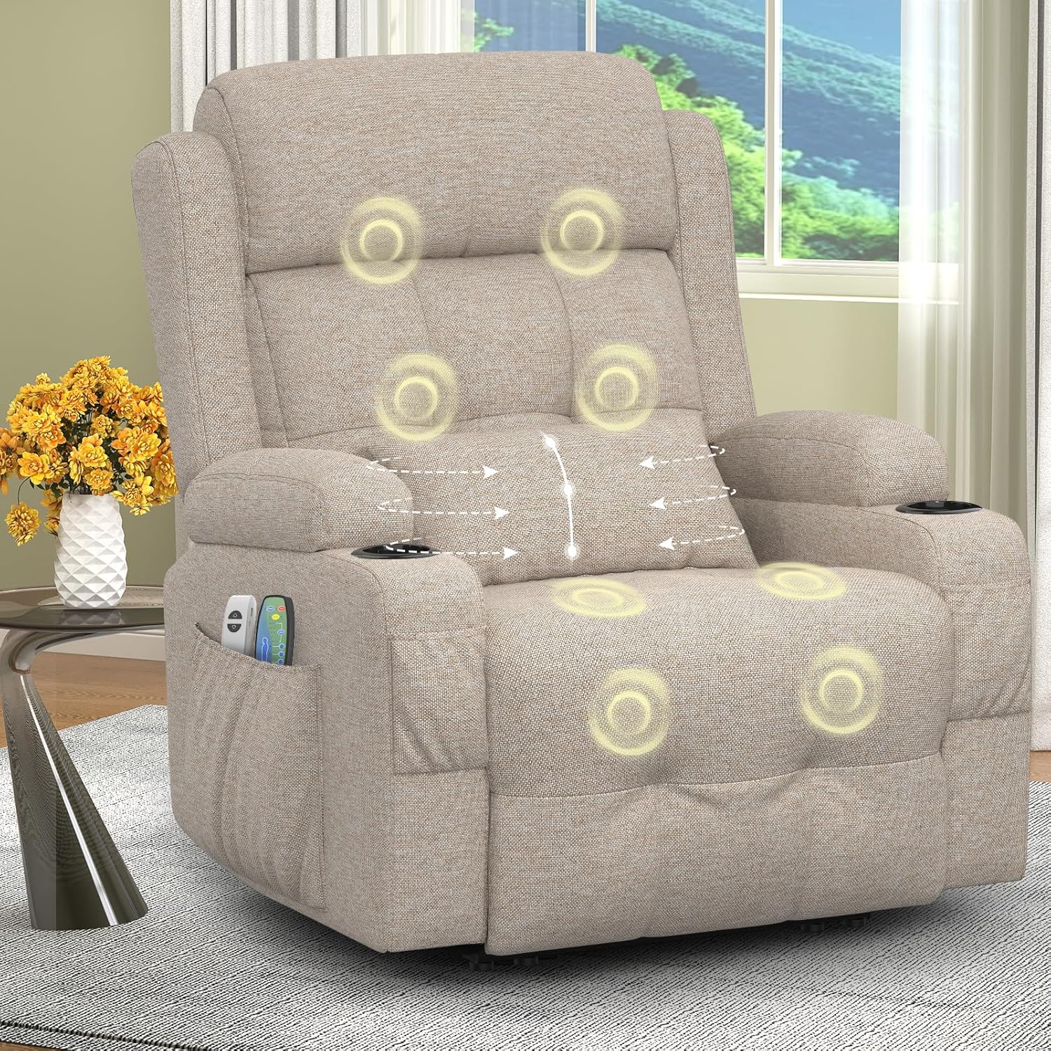 Relaxation chair, TV chair, electrically adjustable massage chair with heating function, footstool, 2 side bag drink racks, C-shaped and USB ports, living room TV chair