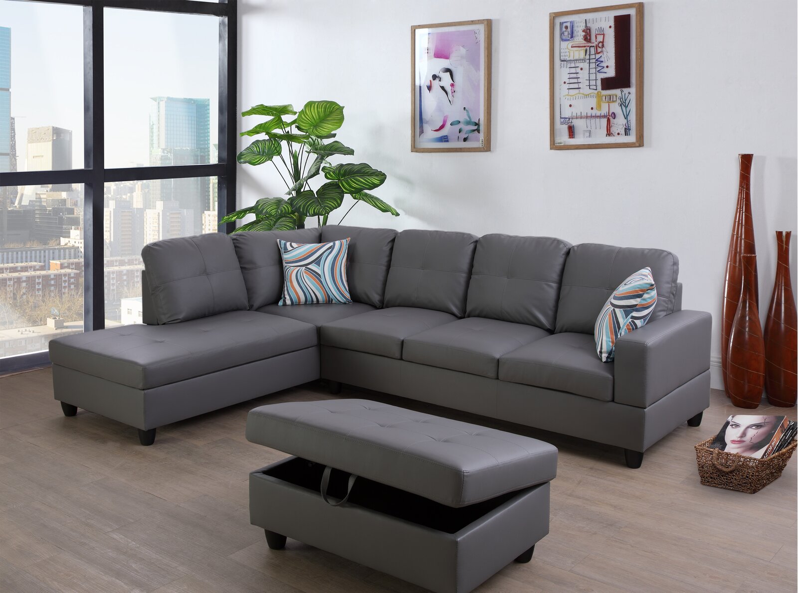 Wilhelmine 103.5′′ Wide Faux Leather Sofa & Chaise With Ottoman