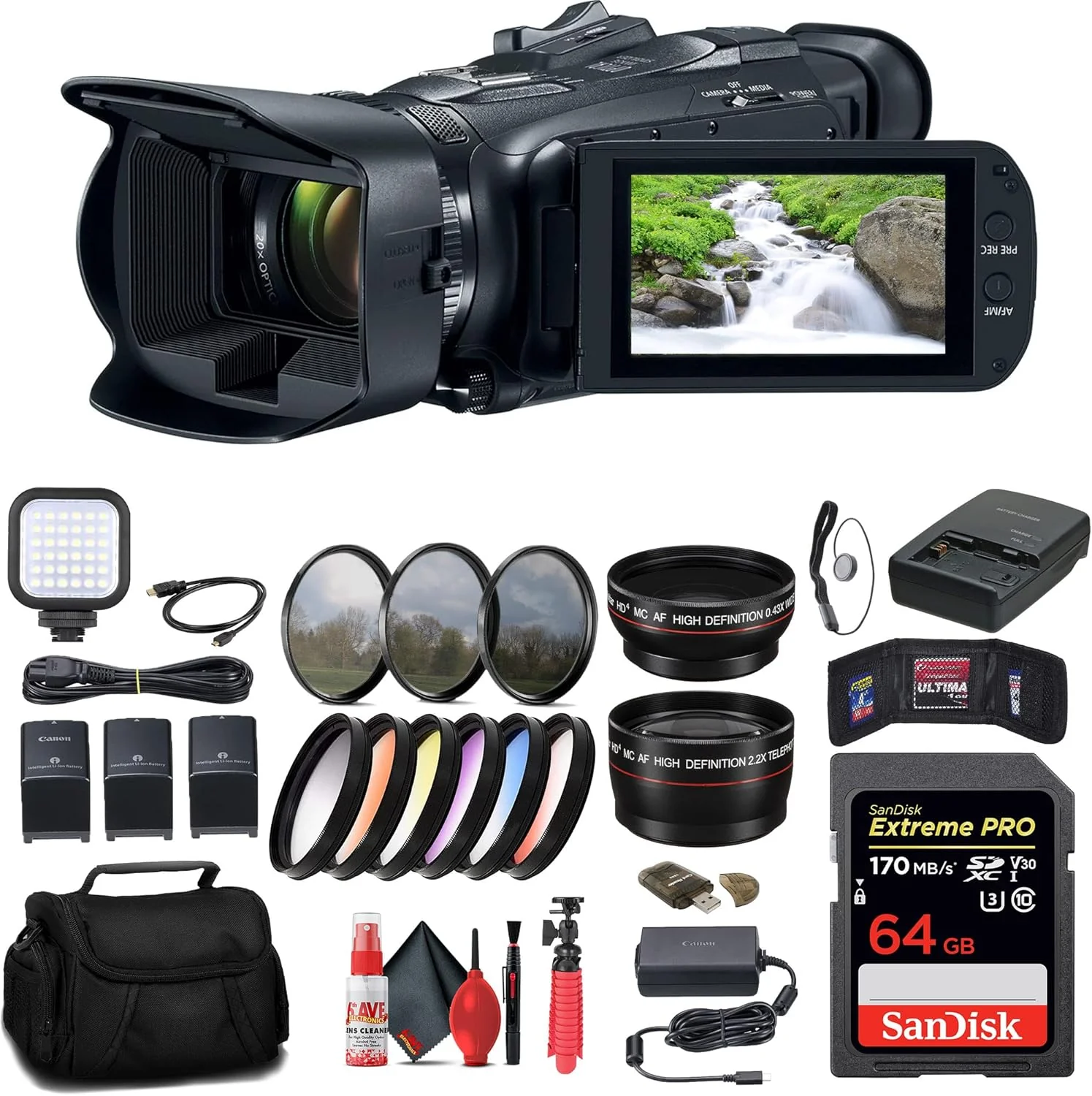 Canon Vixia HF G70 UHD 4K Camcorder (Black) (5734C002) + 64GB Memory Card + 2 x BP828 Battery + BP820 Charger + Color Filter Kit + Bag + Wide Angle Lens + Telephoto Lens + More (Renewed)