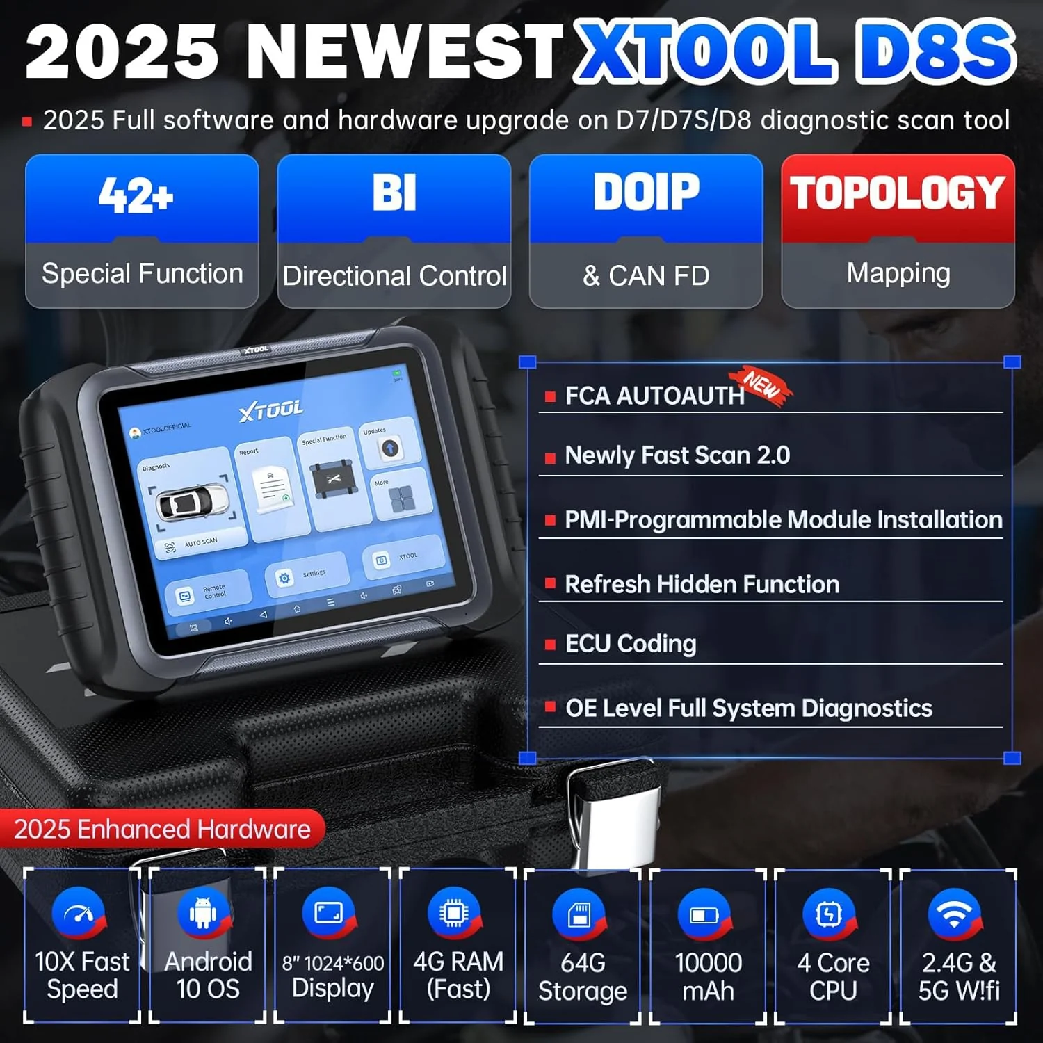 XTOOL D8S Bidirectional Scan Tool 2025 Upgraded Ver. of D8 Scanner, OBD2 Scanner Diagnostic Tool, Topology Mapping, ECU C0ding, 42+ Resets, FCA, CAN FD&DoIP, All System Scanner for Car, 3-Year Update